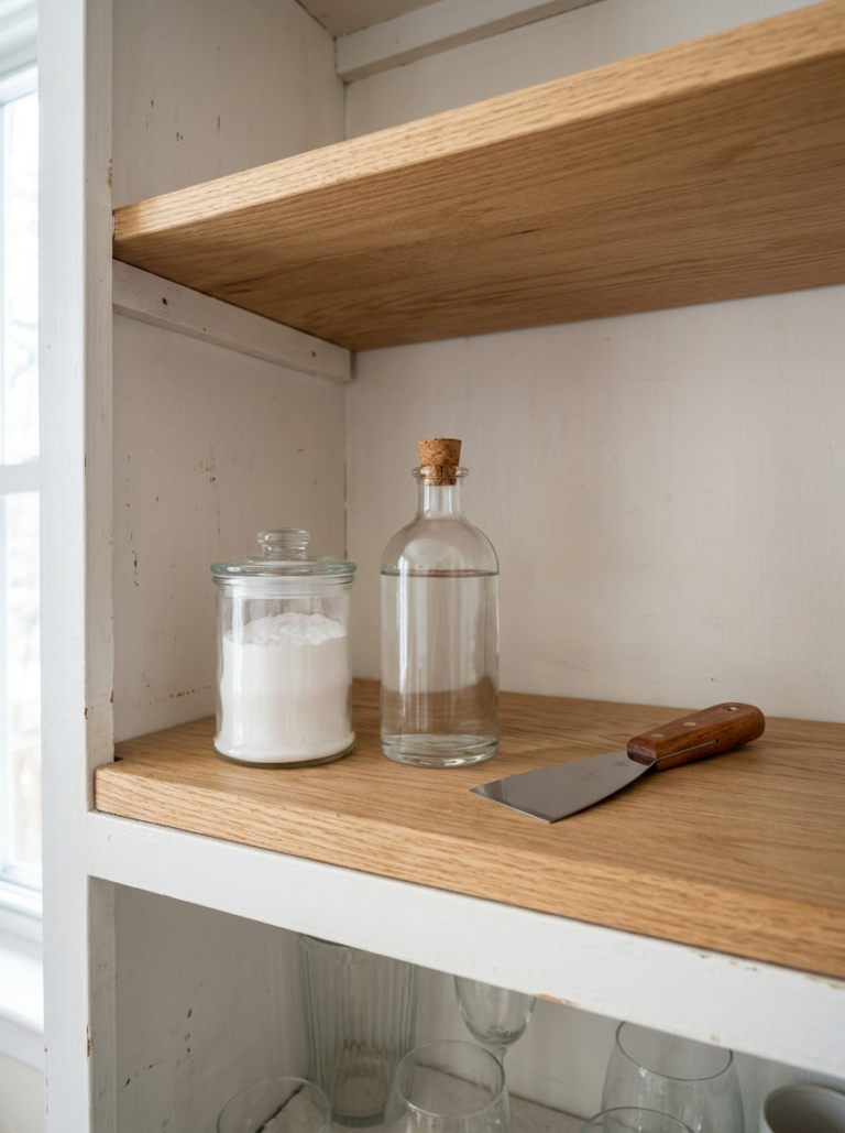 Une étagère avec des produits d'entretien essentiels comme le vinaigre et le bicarbonate, formant une trousse de premiers soins pour l'appartement.