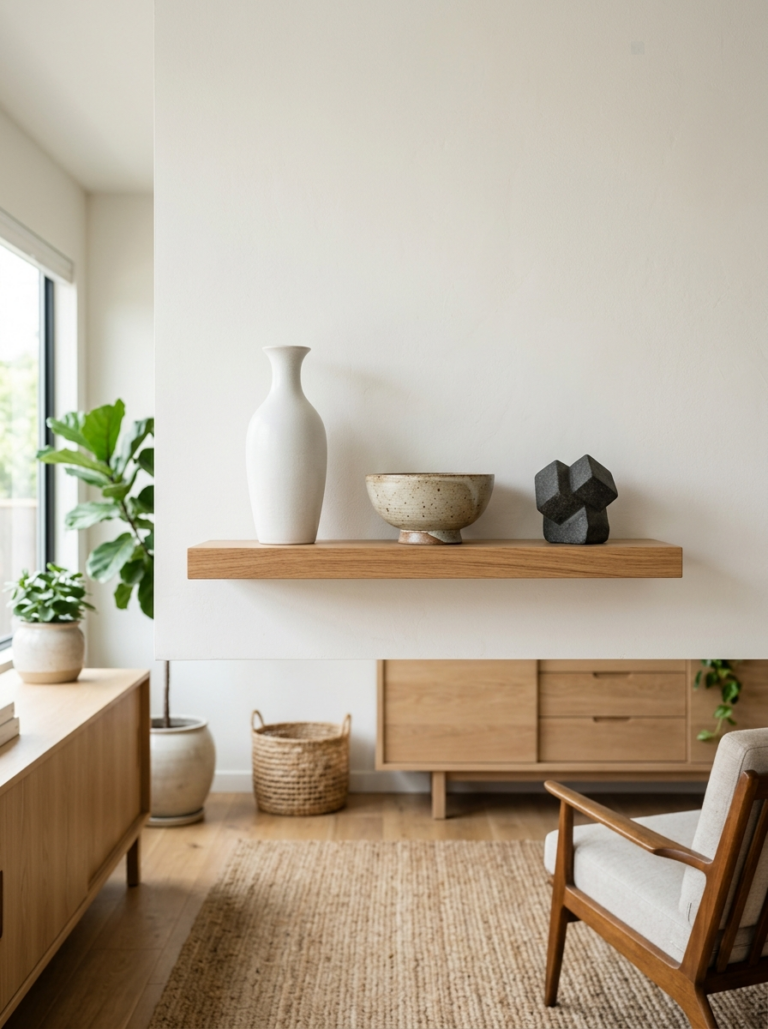 Une étagère en bois murale avec trois objets décoratifs de tailles et formes différentes, illustrant l'art de la curation.