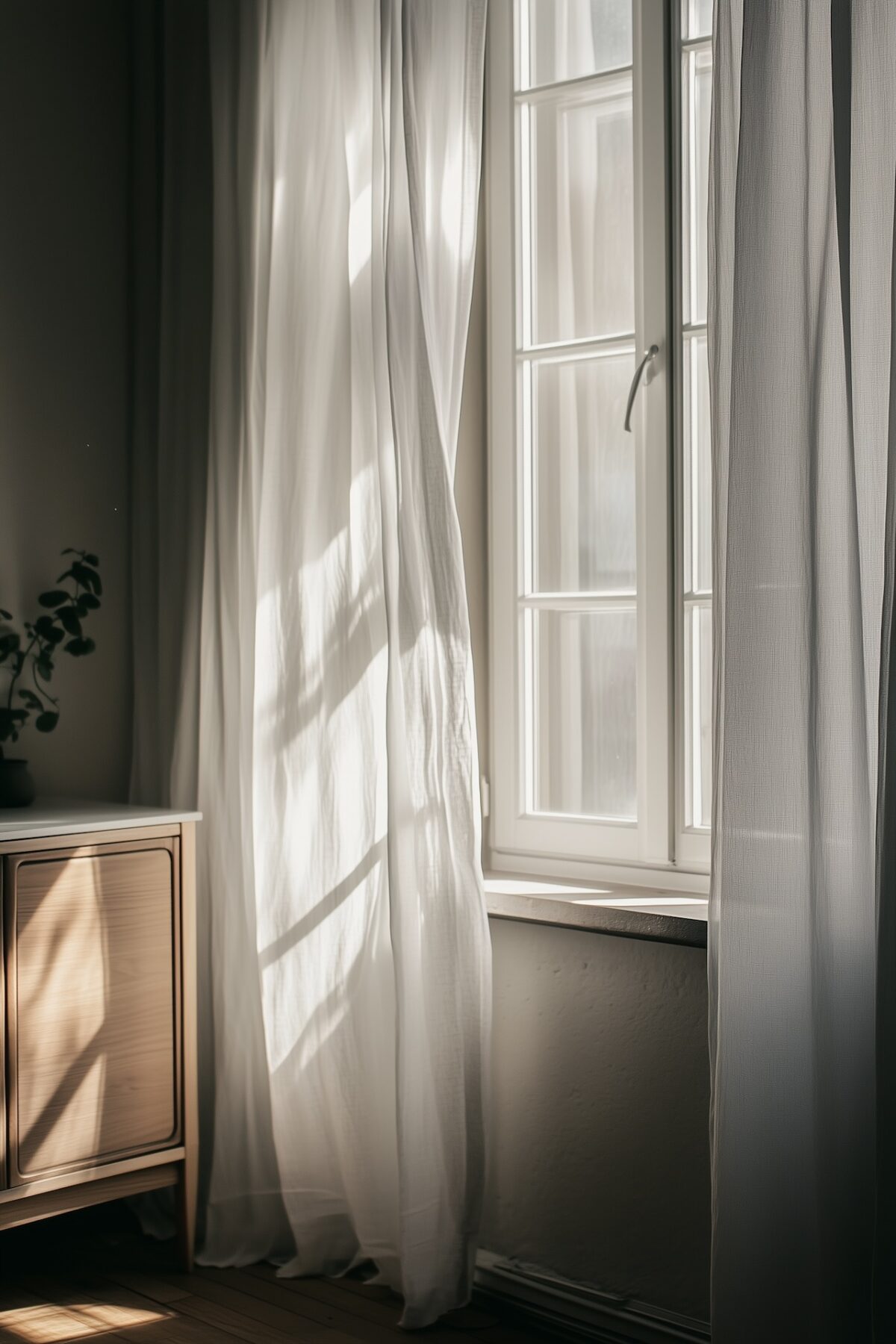 Fenêtre haute d'appartement avec voilages en lin blanc diffusant doucement la lumière du soleil, rebord dégagé, meuble bas en bois clair positionné en retrait, plante verte en arrière-plan