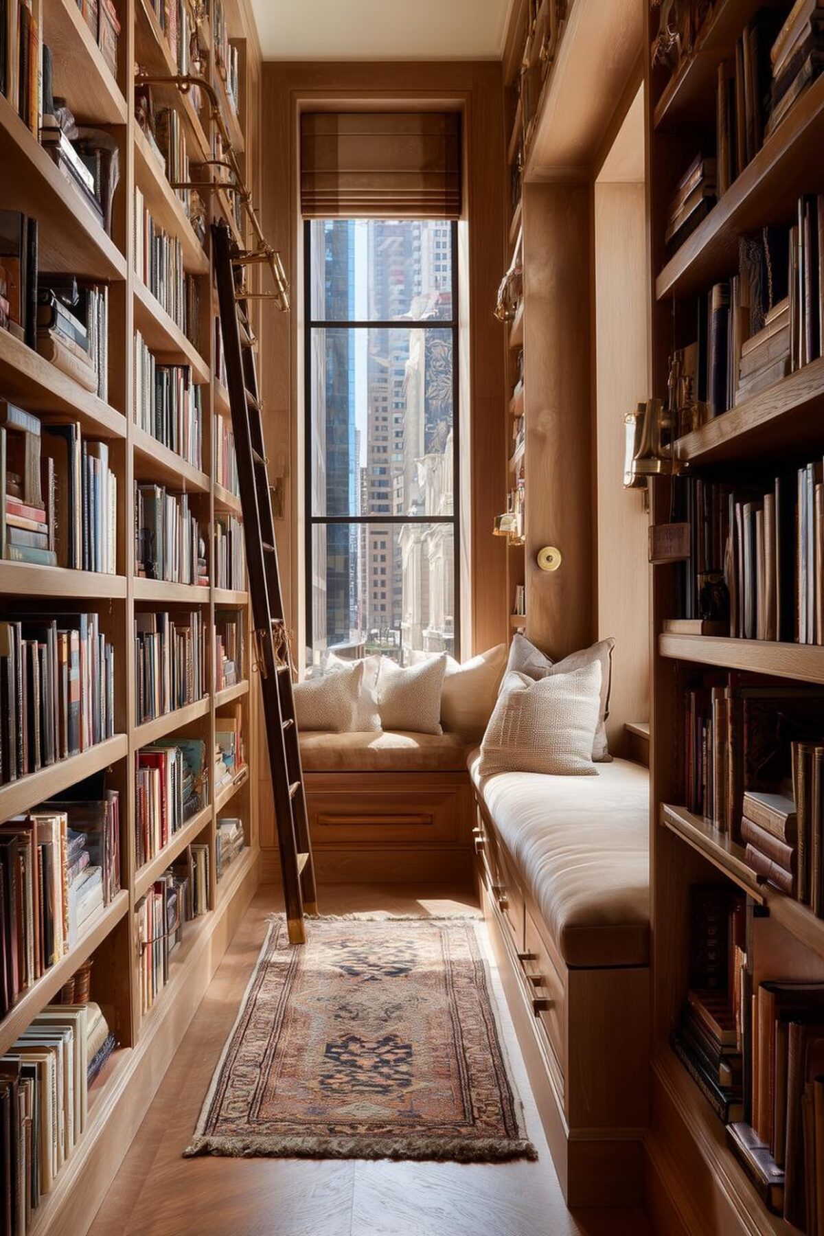 Couloir bibliothèque en bois avec étagères remplies de livres, échelle, banquette de lecture, coussins et tapis vintage.
