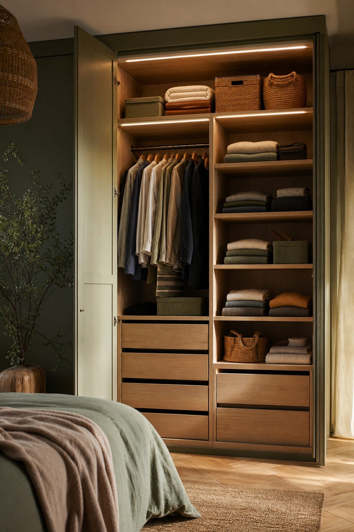 placard de chambre ouvert avec penderie, tiroirs en bois, étagères réglables et éclairage LED chaleureux