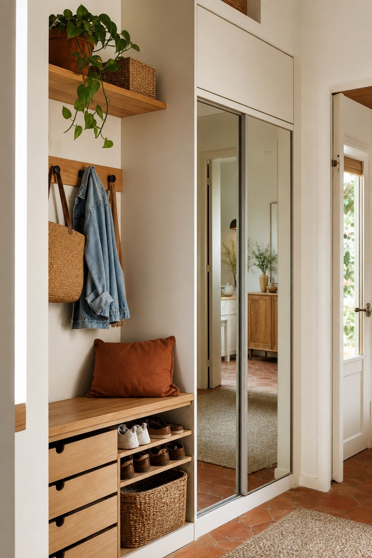 placard d’entrée étroite avec portes coulissantes miroir, banc en bois, patères murales et rangements à chaussures