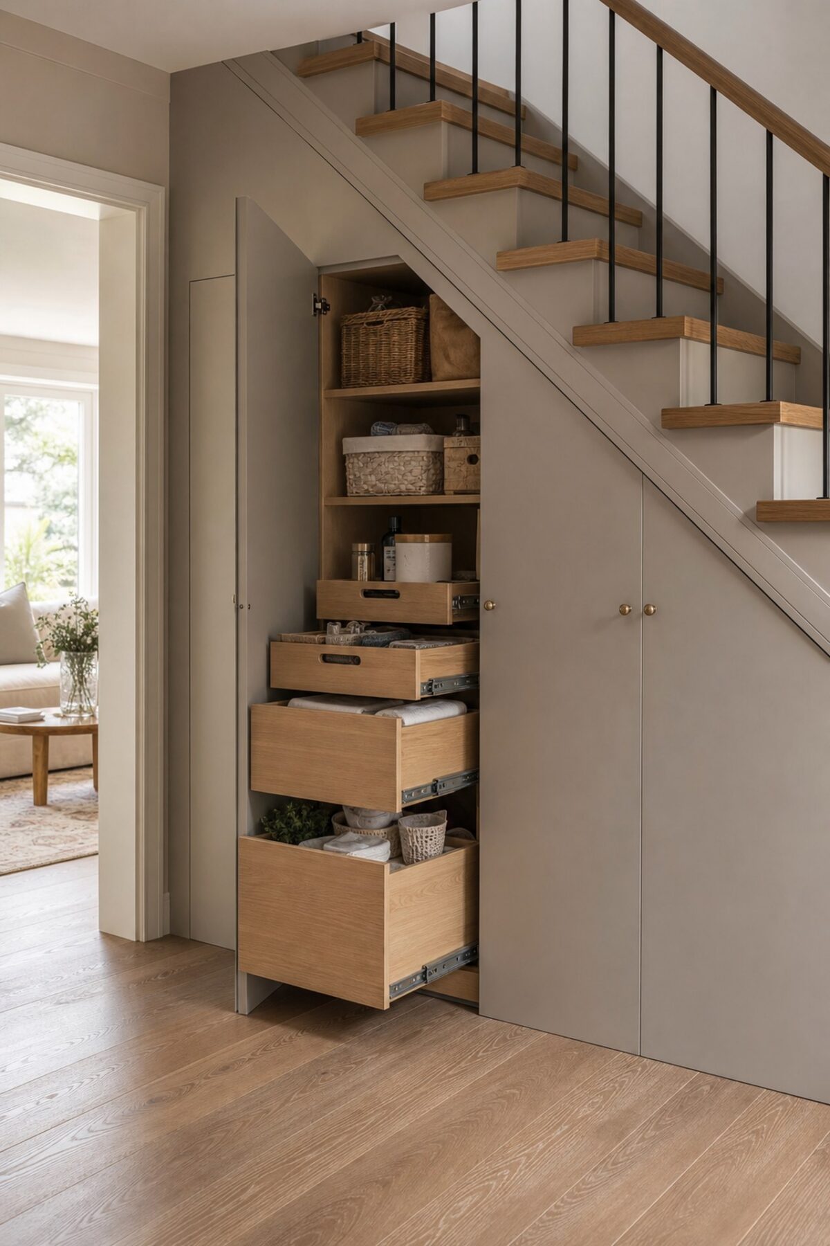 placard sous escalier sur mesure avec portes greige, tiroirs coulissants en bois et rangements pour paniers