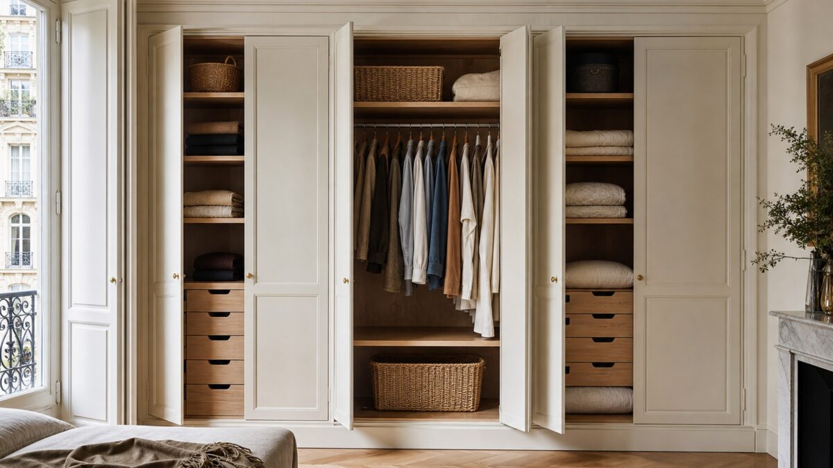 placard sur mesure blanc cassé dans une chambre lumineuse avec penderie, tiroirs en bois et paniers de rangement