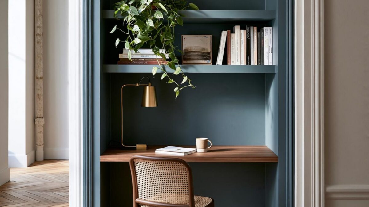 bureau étroit aménagé dans une alcôve bleu pétrole avec étagères, bureau en bois, chaise cannée et parquet en point de Hongrie