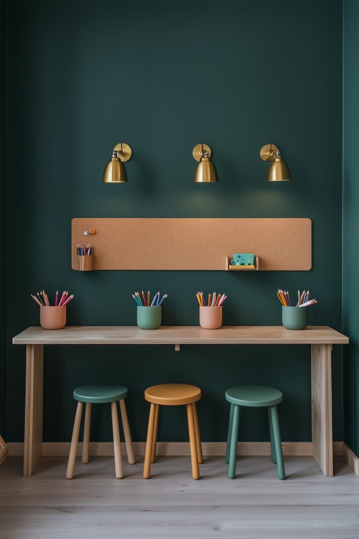 Long bureau mural en bois clair avec trois tabourets colorés, pots à crayons, panneau en liège et appliques dorées dans un espace de travail partagé pour enfants.