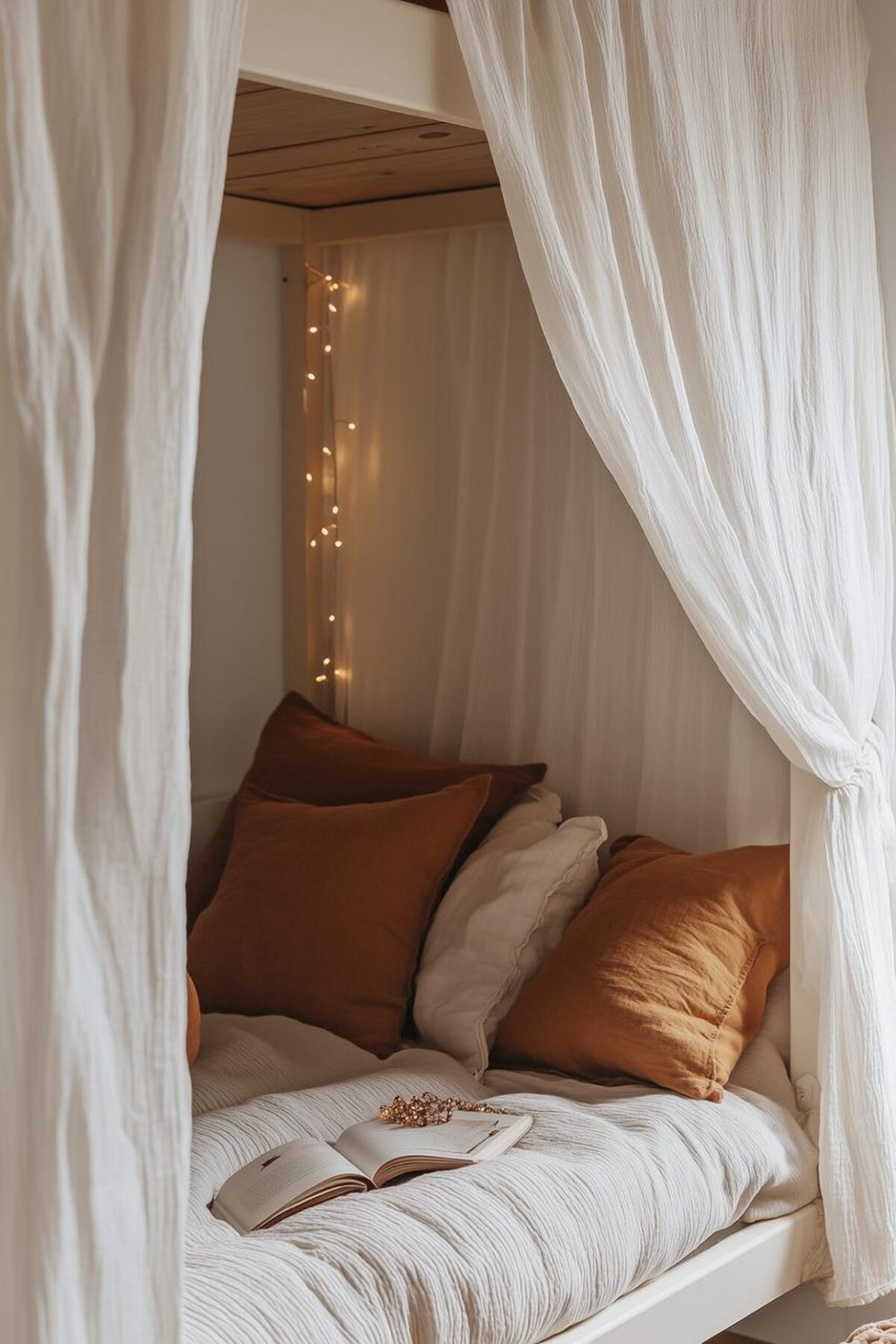 Lit d’enfant habillé de rideaux blancs légers, coussins terracotta et guirlande lumineuse pour créer une bulle d’intimité douce dans une chambre partagée.