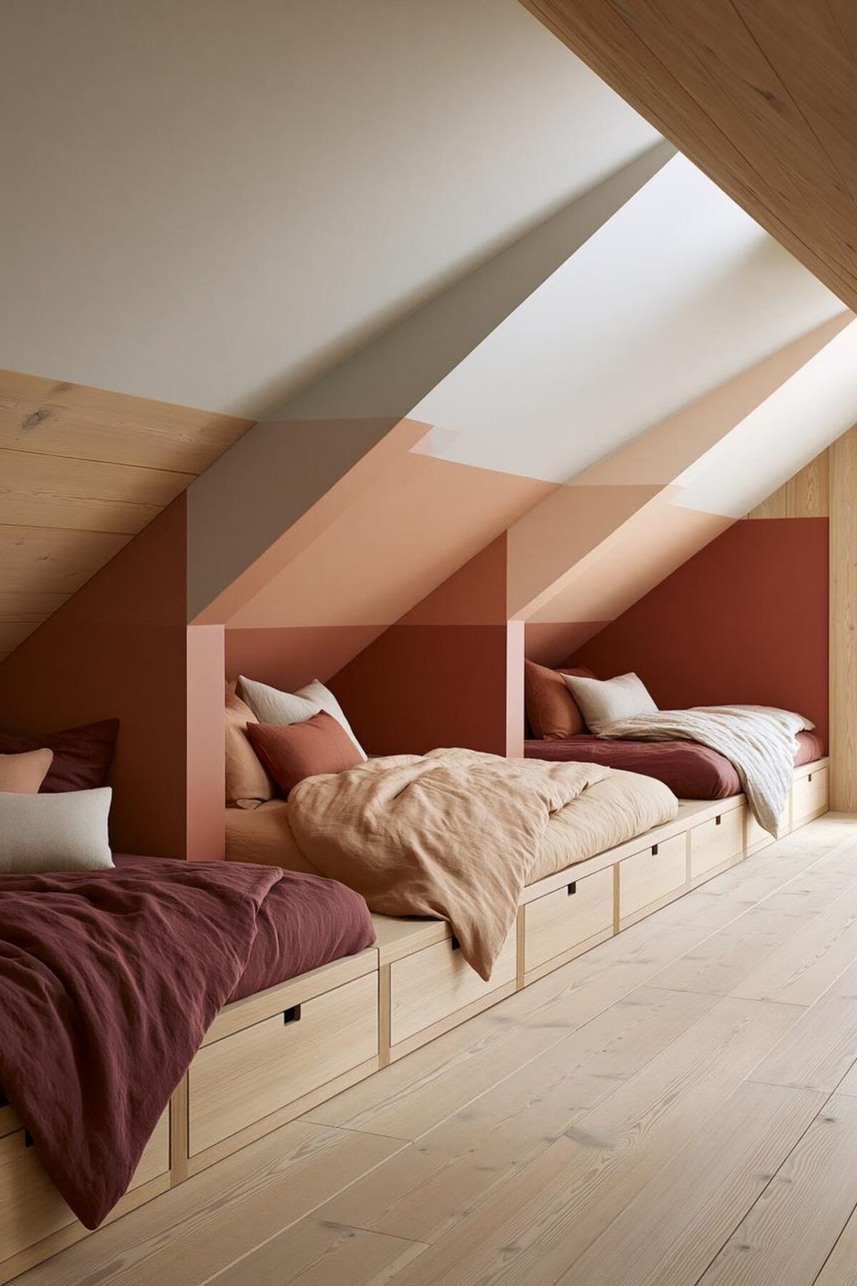 Chambre sous pente aménagée avec trois lits bas intégrés, tiroirs de rangement en bois clair, murs terracotta et lumière naturelle zénithale pour optimiser un espace partagé.