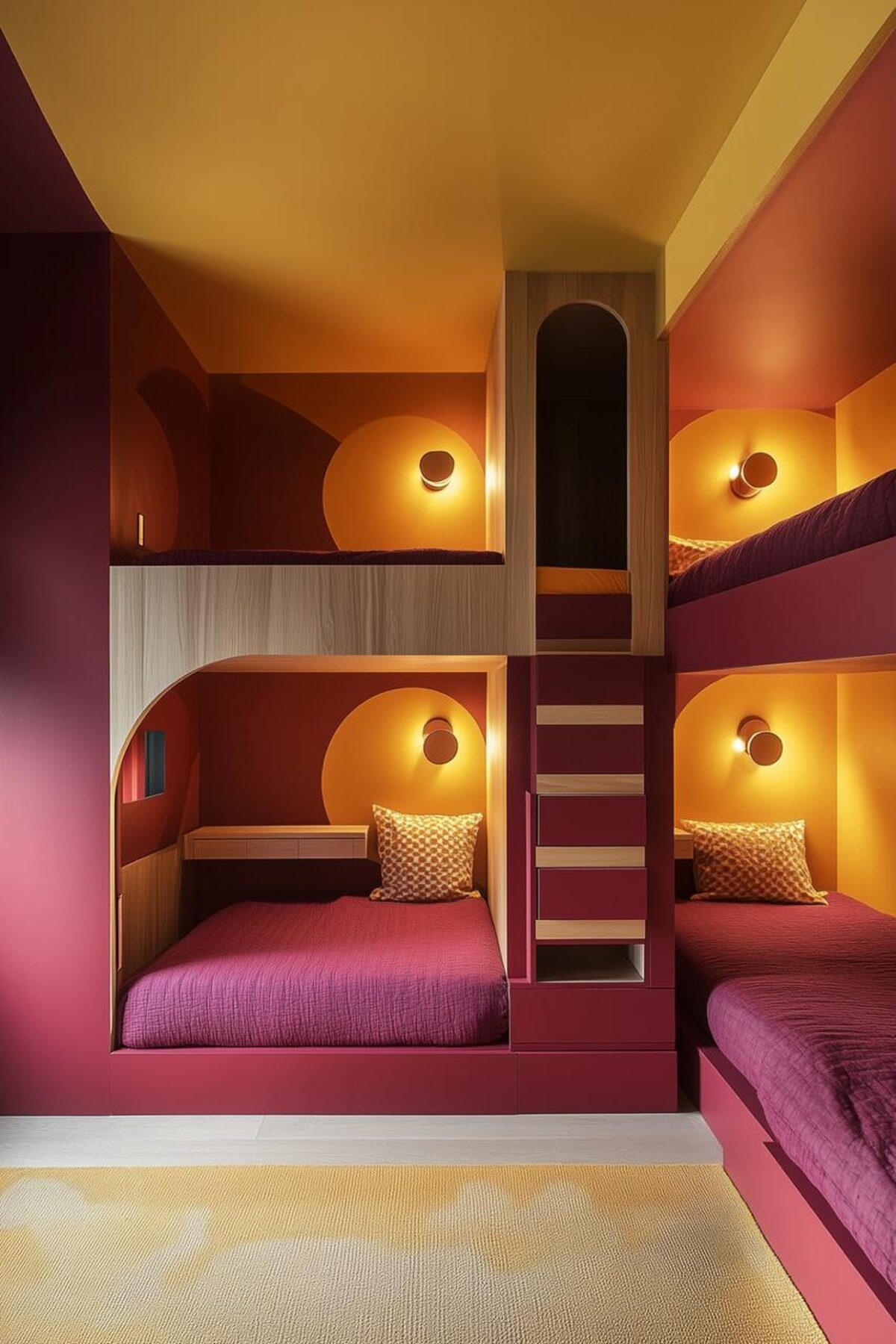 Structure de lits superposés sur mesure en rose et jaune, avec trois couchages intégrés, échelle centrale, appliques murales et rangements discrets dans une petite chambre pour 3 enfants.