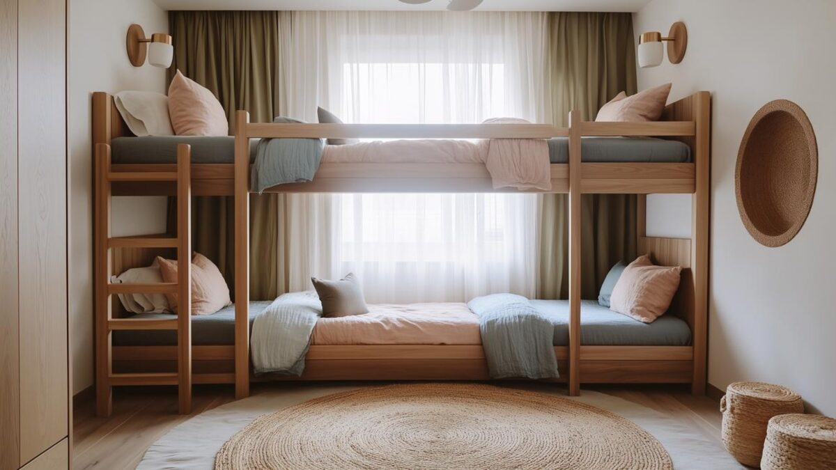 Petite chambre lumineuse aménagée pour trois enfants avec structure de lits superposés en bois clair, couchages coordonnés, tapis rond en fibres naturelles et rangements discrets.