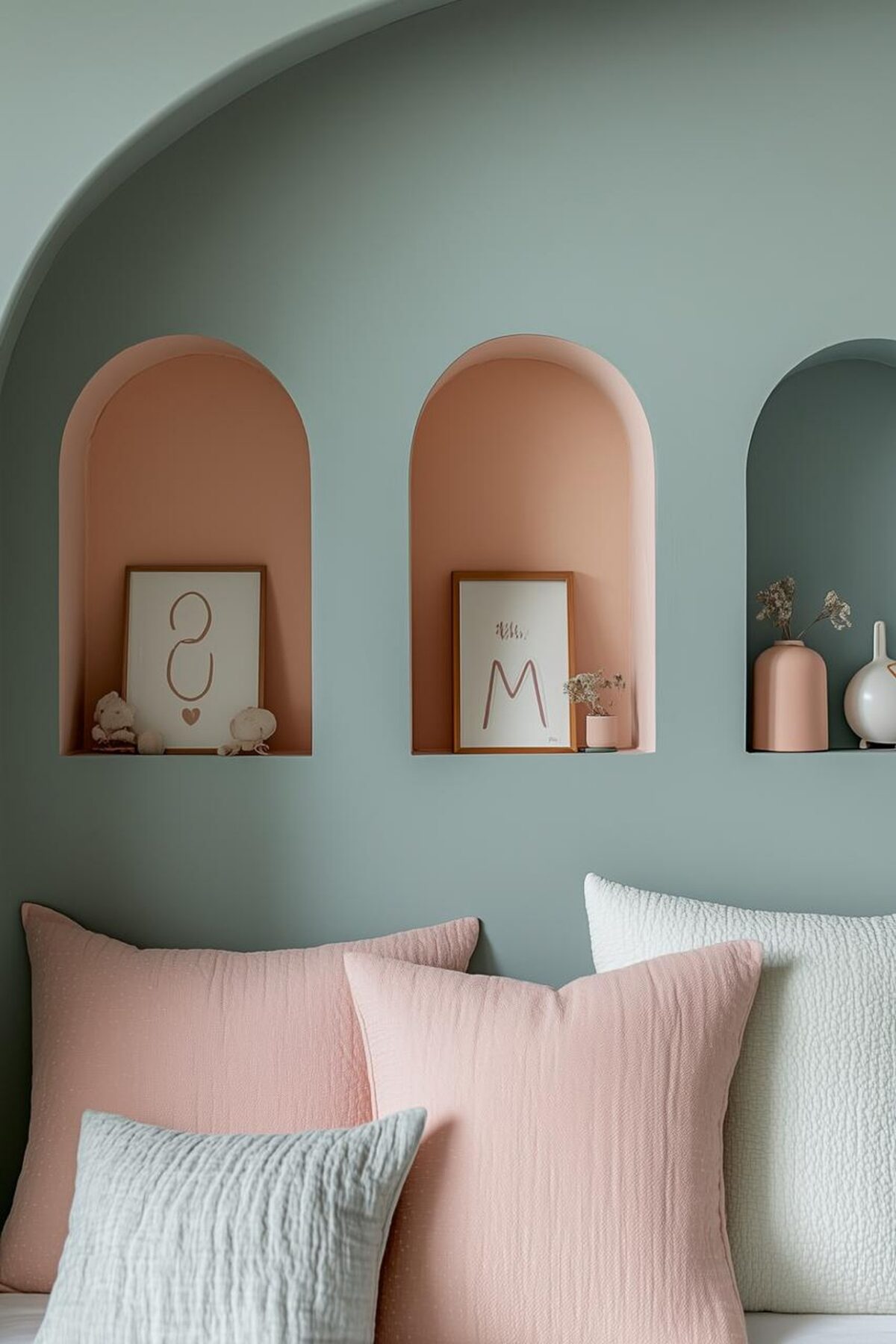 Mur vert sauge avec trois niches arrondies peintes en rose et vert, coussins pastel et petites décorations pour personnaliser les espaces d’une chambre d’enfants partagée.