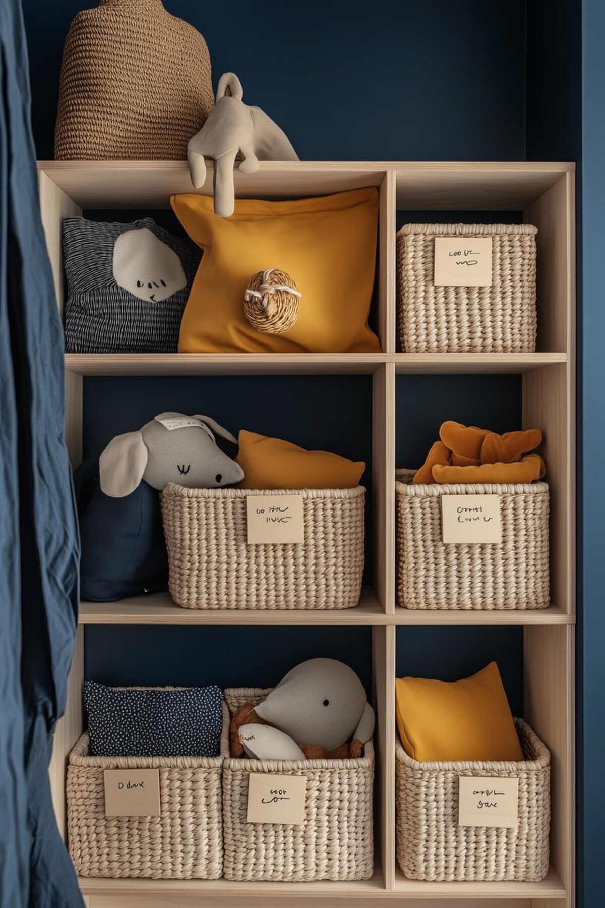 Étagère en bois clair avec casiers, paniers tressés, peluches et coussins moutarde devant un mur bleu foncé pour ranger les affaires de chaque enfant dans une chambre partagée.