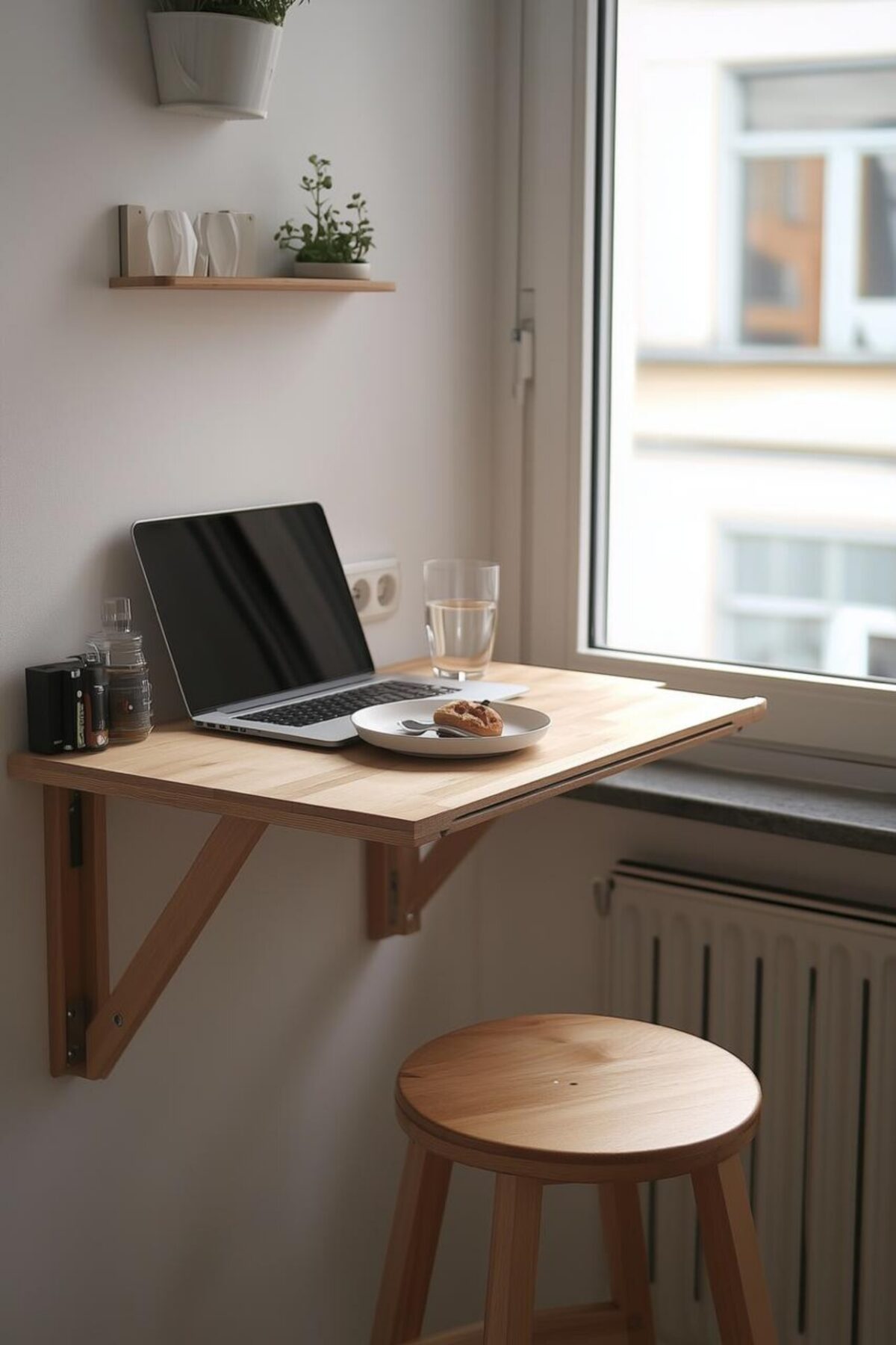 Bureau mural pliant en bois clair installé près d’une fenêtre, avec ordinateur, tabouret rond et petites étagères murales.