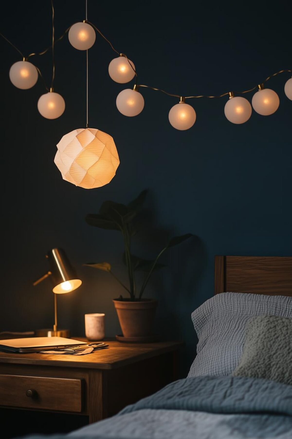 Coin nuit aux murs bleu nuit avec lampe de chevet, suspension en papier, guirlande lumineuse et lit en bois.