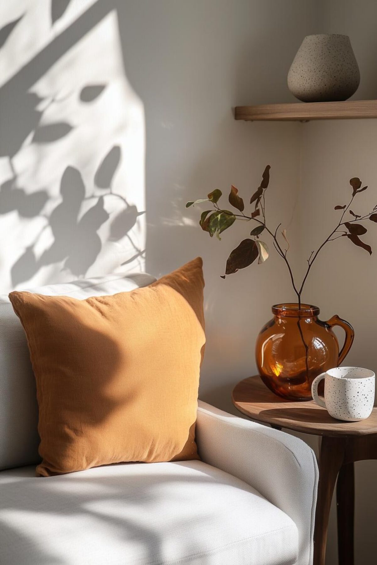 Fauteuil clair avec coussin ocre, vase ambré et ombres végétales sur le mur, pour créer un petit coin détente.