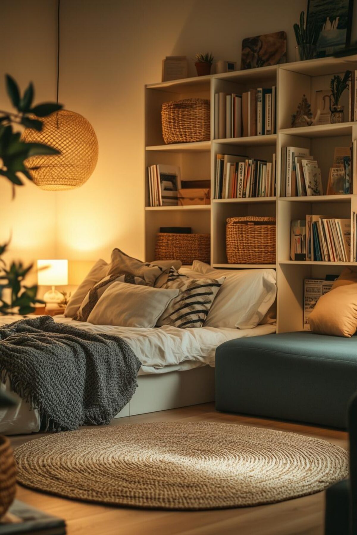 Coin nuit cosy dans un studio avec lit bas, bibliothèque blanche, paniers de rangement, suspension tressée et lampe de chevet.