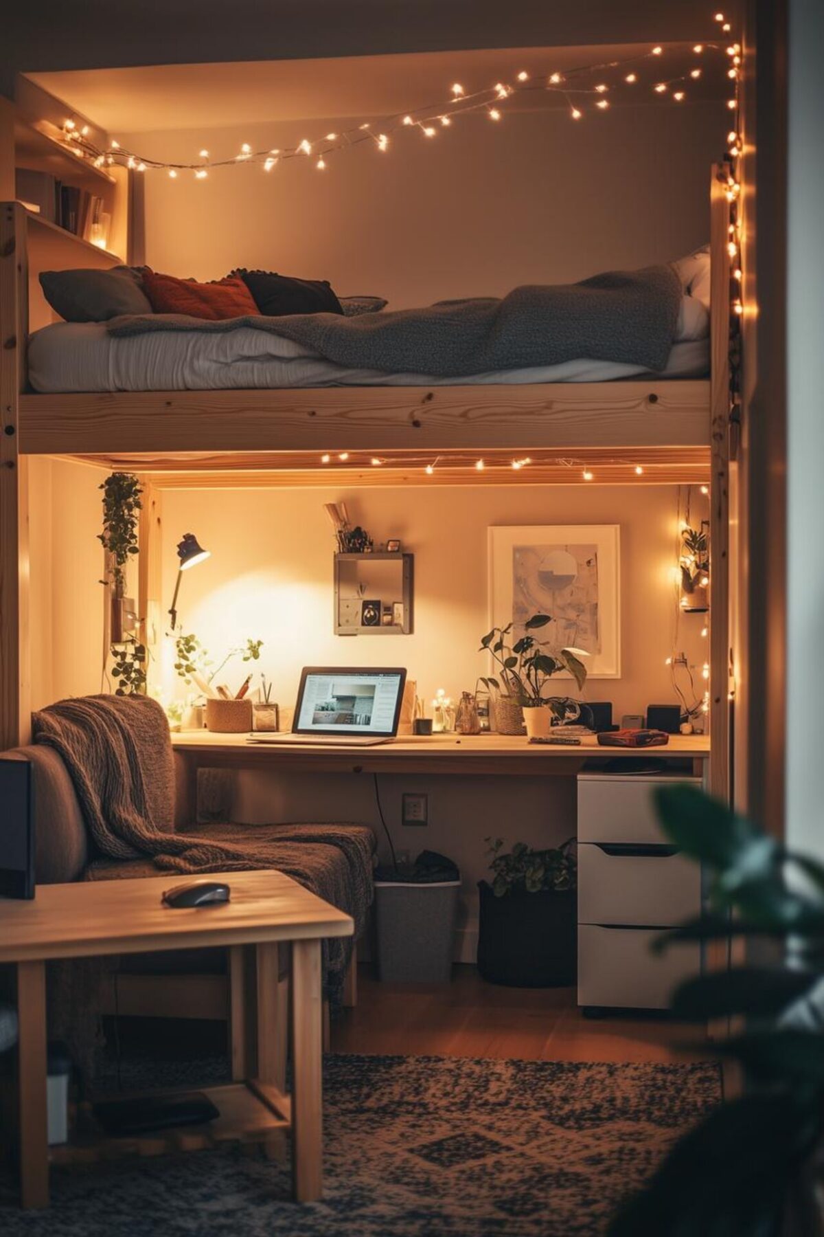 Lit mezzanine en bois avec bureau aménagé en dessous, fauteuil clair, plantes et guirlandes lumineuses.