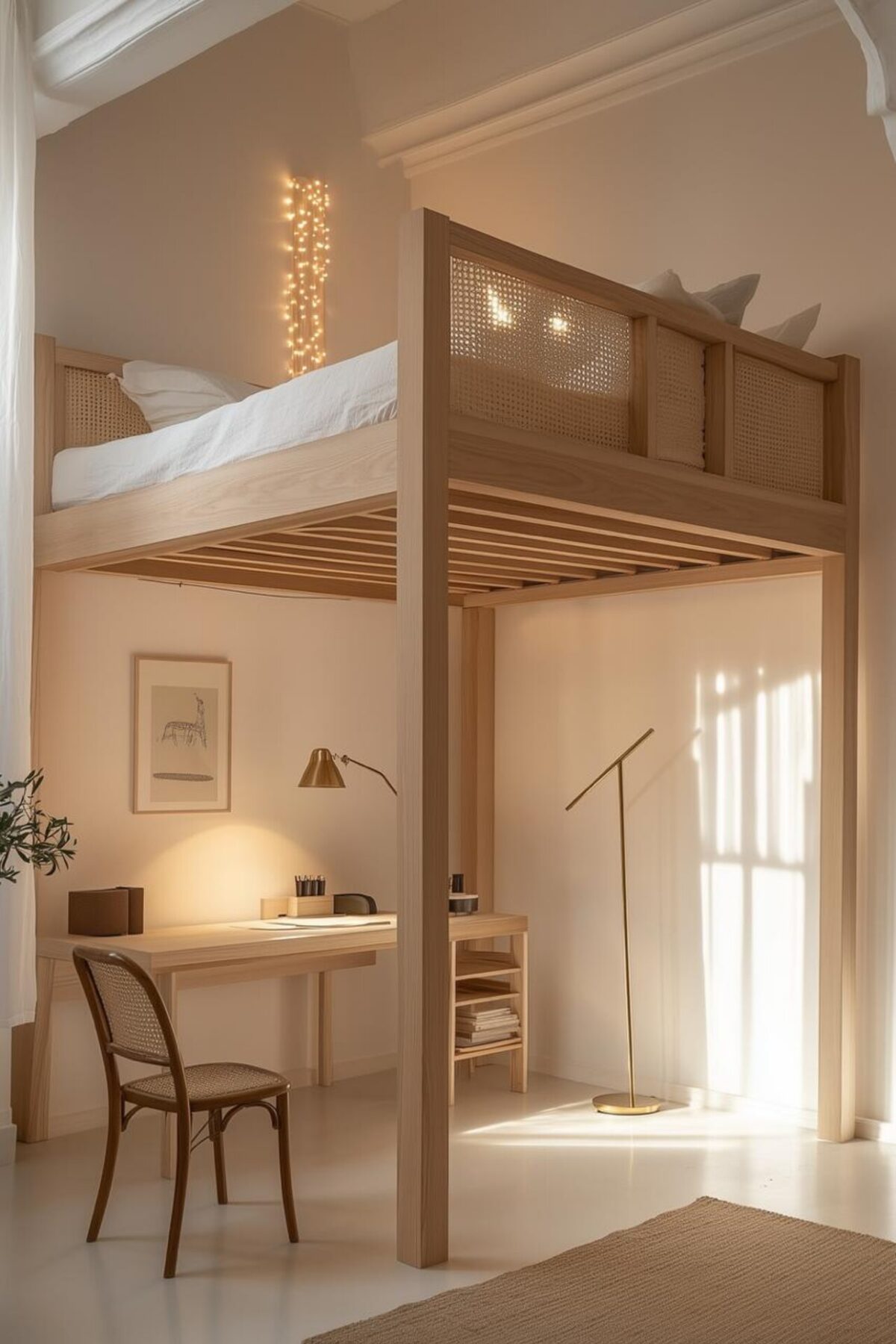 Mezzanine en bois clair avec bureau, chaise cannée, lampadaire fin, guirlande lumineuse et rangements verticaux.