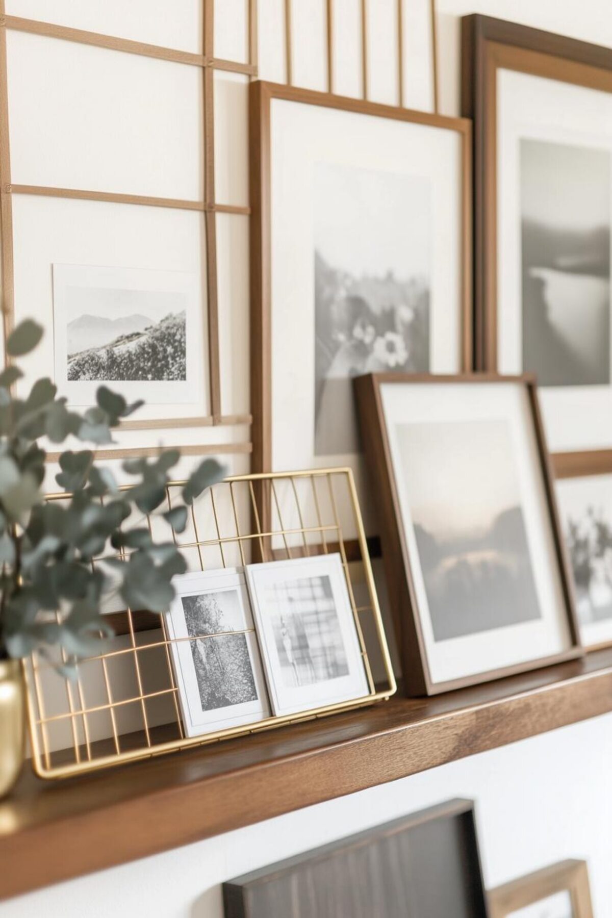 Mur de cadres en bois avec photographies en noir et blanc, grille décorative en laiton, eucalyptus et lumière douce.