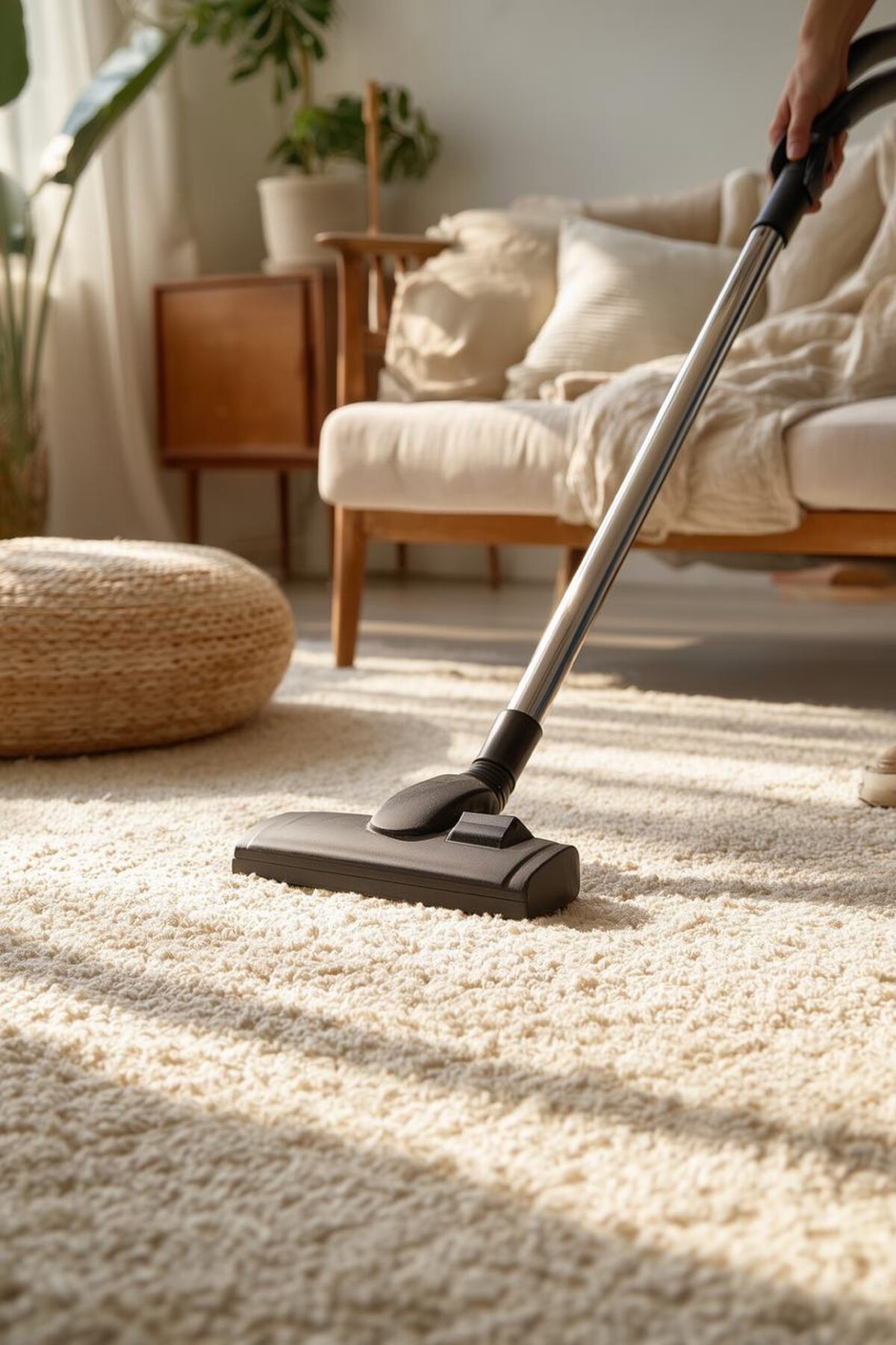 Aspirateur passé doucement sur un tapis clair en fibres naturelles dans un salon, pour retirer la poussière sans abîmer le tissage.