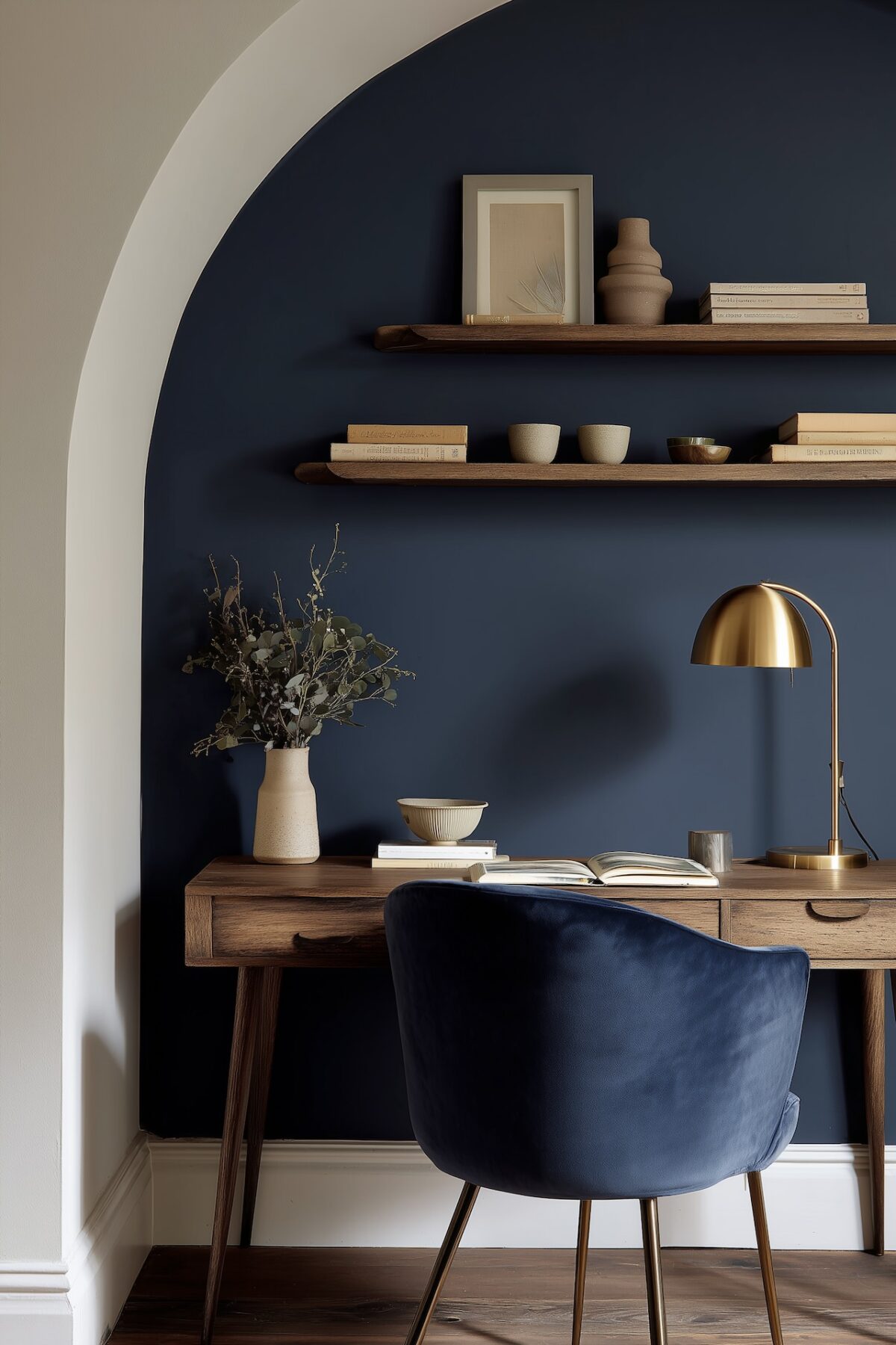 Coin bureau design dans un studio avec arche peinte en bleu nuit au mur, bureau en noyer avec livres et vase en céramique, lampe de bureau en laiton doré, fauteuil en velours bleu marine, étagères flottantes en bois avec objets déco