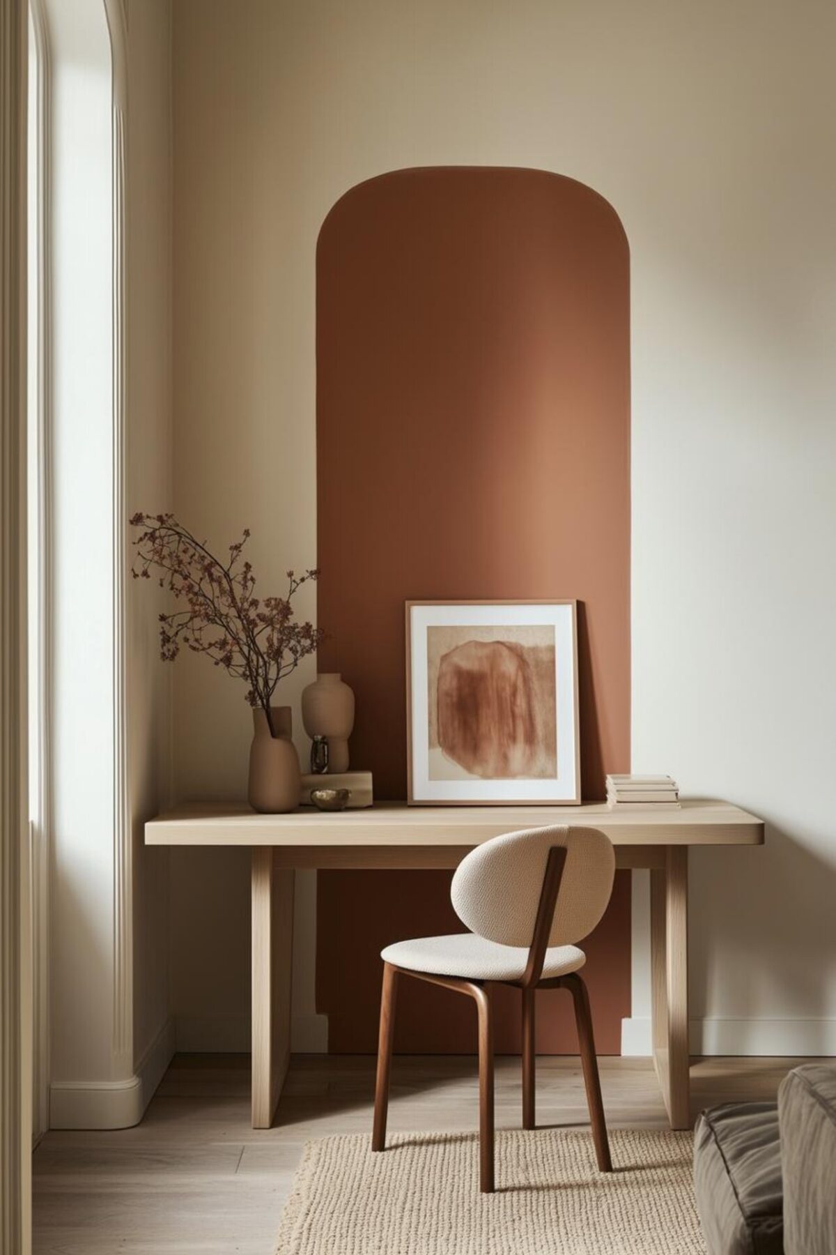 bureau étroit en bois clair devant une arche terracotta peinte, avec chaise beige, vases en céramique et lumière naturelle