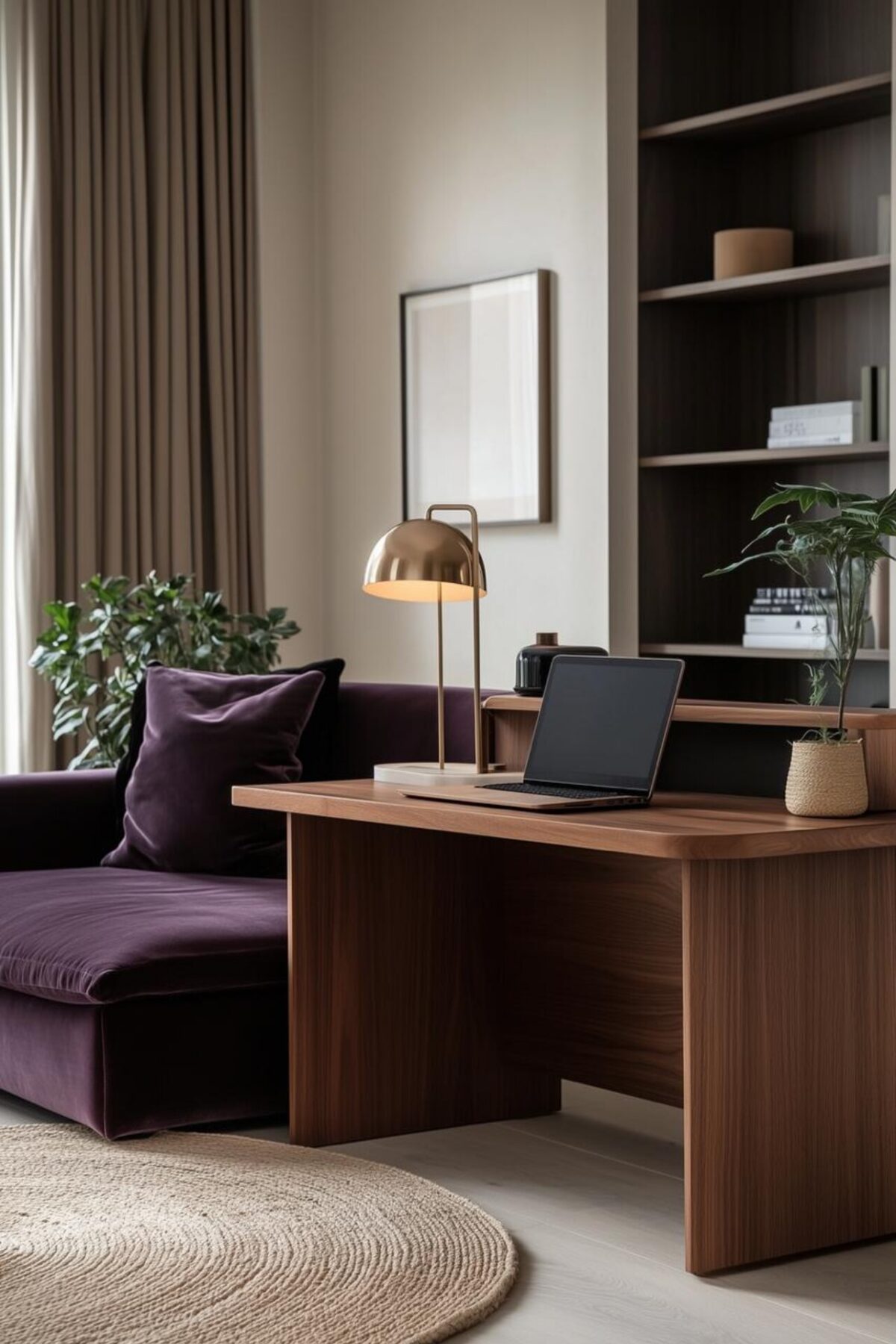 bureau étroit en bois noyer intégré dans un salon avec lampe laiton, plantes vertes, étagères murales et canapé prune