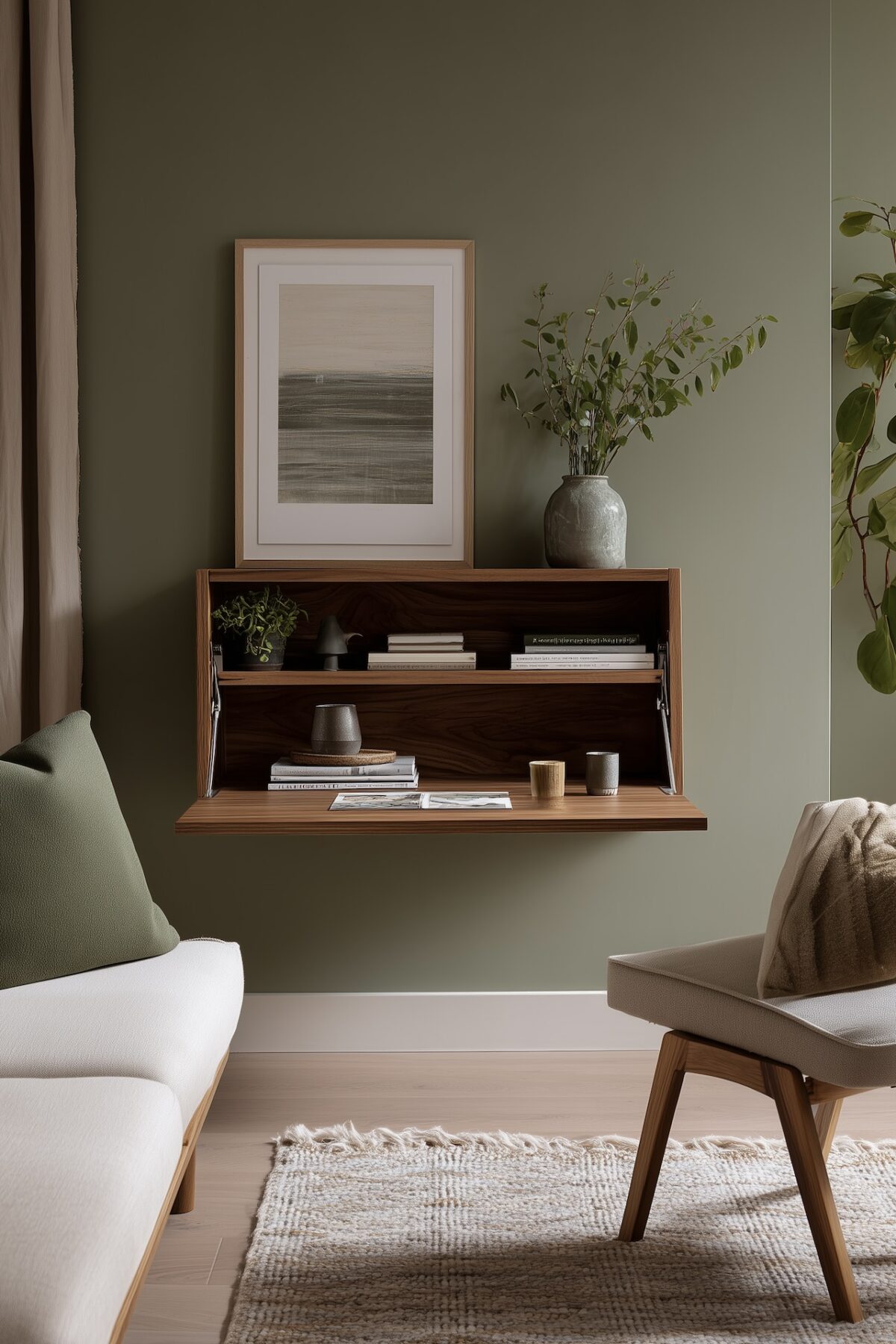 Bureau mural rabattable en noyer ouvert avec étagères intégrées contenant livres et céramiques, illustration abstraite encadrée au-dessus, vase avec branche de feuillage, mur vert sauge, canapé crème et fauteuil taupe visibles de chaque côté, tapis en jute