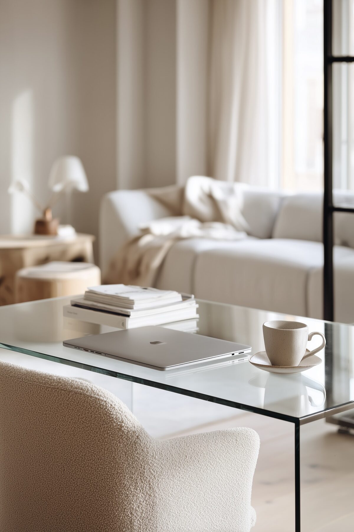 Bureau en verre transparent dans un studio lumineux avec laptop fermé, pile de livres et tasse en grès, fauteuil bouclé crème, canapé et table basse en bois en arrière-plan flou, verrière visible sur le côté, ambiance minimale et aérée