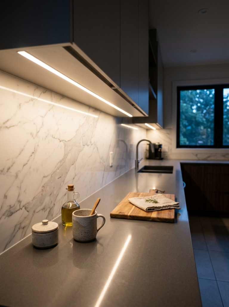 Éclairage LED chaud sous les armoires de cuisine, illuminant un plan de travail et une crédence modernes.