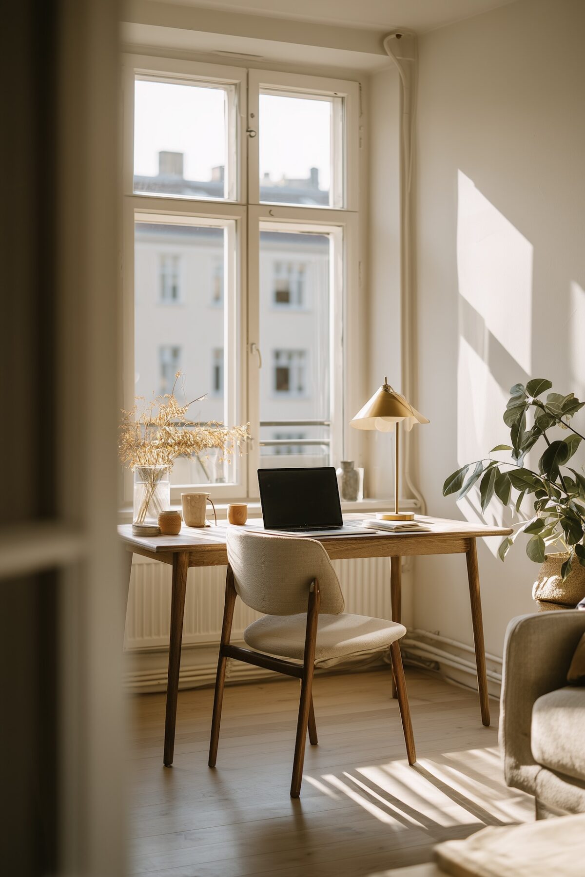 Bureau en chêne placé devant une grande fenêtre dans un studio lumineux, laptop ouvert, lampe de bureau en laiton doré, vase avec fleurs séchées, tasse en céramique, chaise design crème, plante verte à côté, lumière naturelle d'après-midi