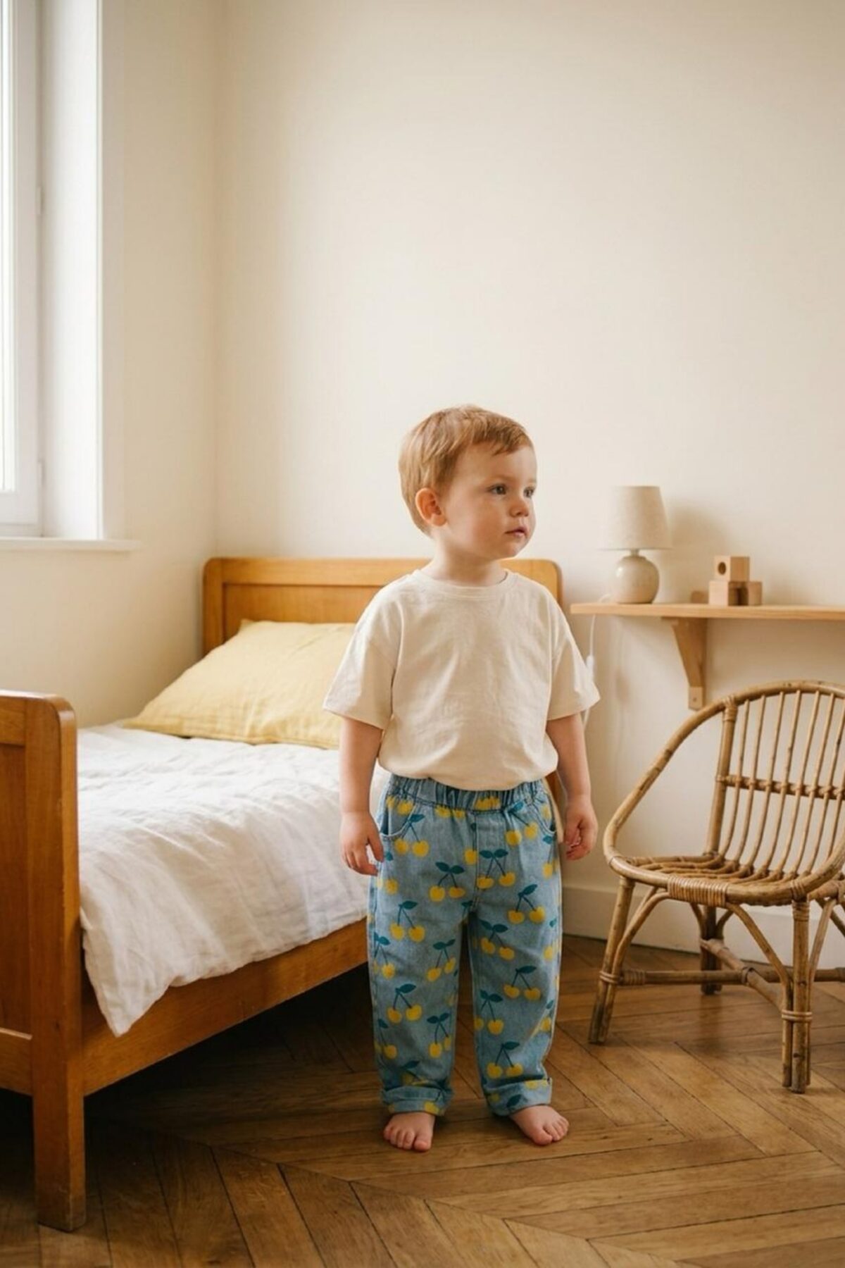 Jeune enfant debout dans une chambre douce avec lit en bois, parquet à chevrons et chaise en rotin, un exemple de coin jeu sécurisé et apaisant.