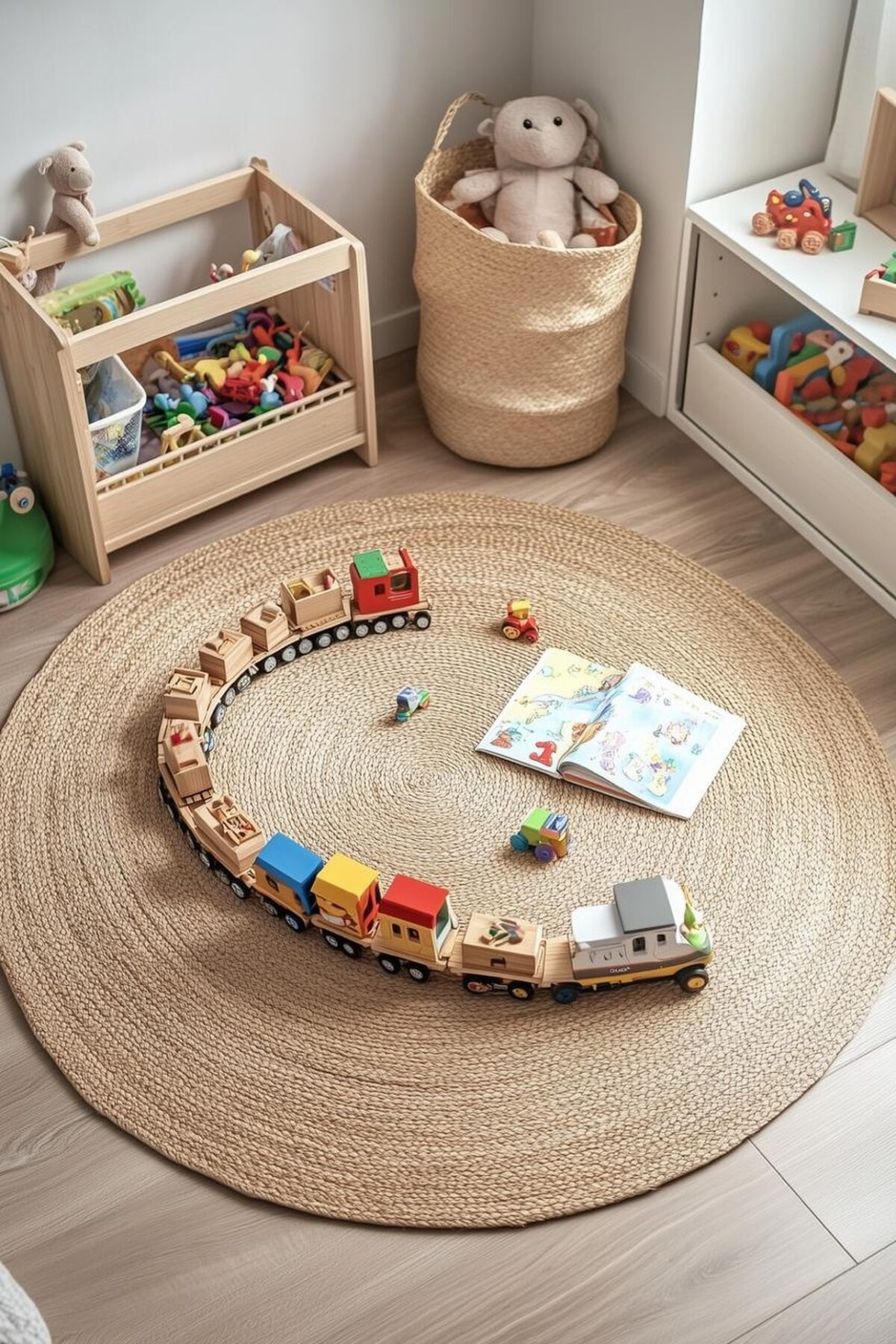 Tapis rond en jute délimitant un coin jeu sécurisé dans une chambre d’enfant, avec petit train en bois, livre ouvert, panier à peluches et rangements bas accessibles.