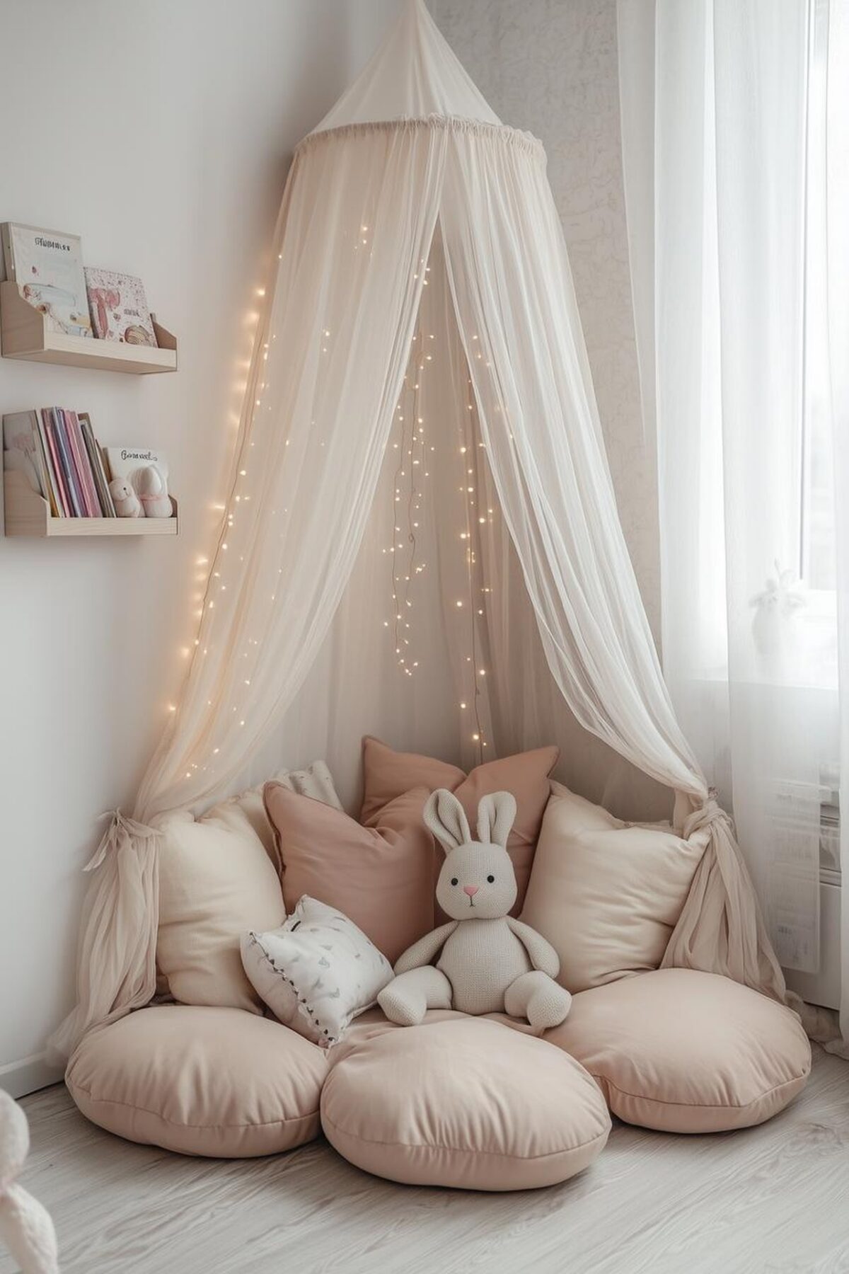 Coin lecture enfant avec ciel de lit blanc, guirlande lumineuse chaude, coussins de sol rose poudré, peluche lapin, étagères murales en bois et lumière douce près de la fenêtre.