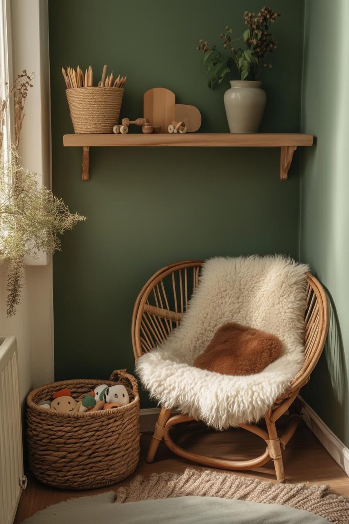 Coin lecture enfant dans un angle vert profond avec fauteuil en rotin, plaid en fausse fourrure, panier tressé rempli de jouets et étagère murale en bois.