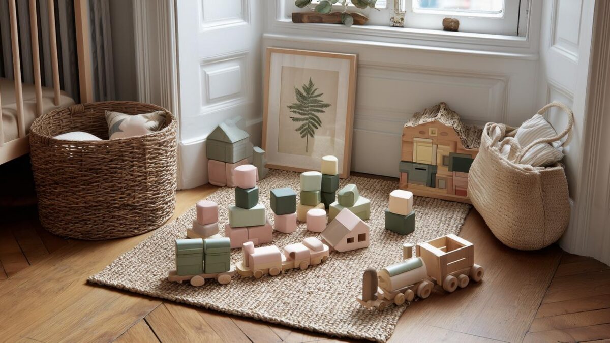 jouets en bois colorés dans une chambre d’enfant lumineuse avec tapis naturel et panier en osier