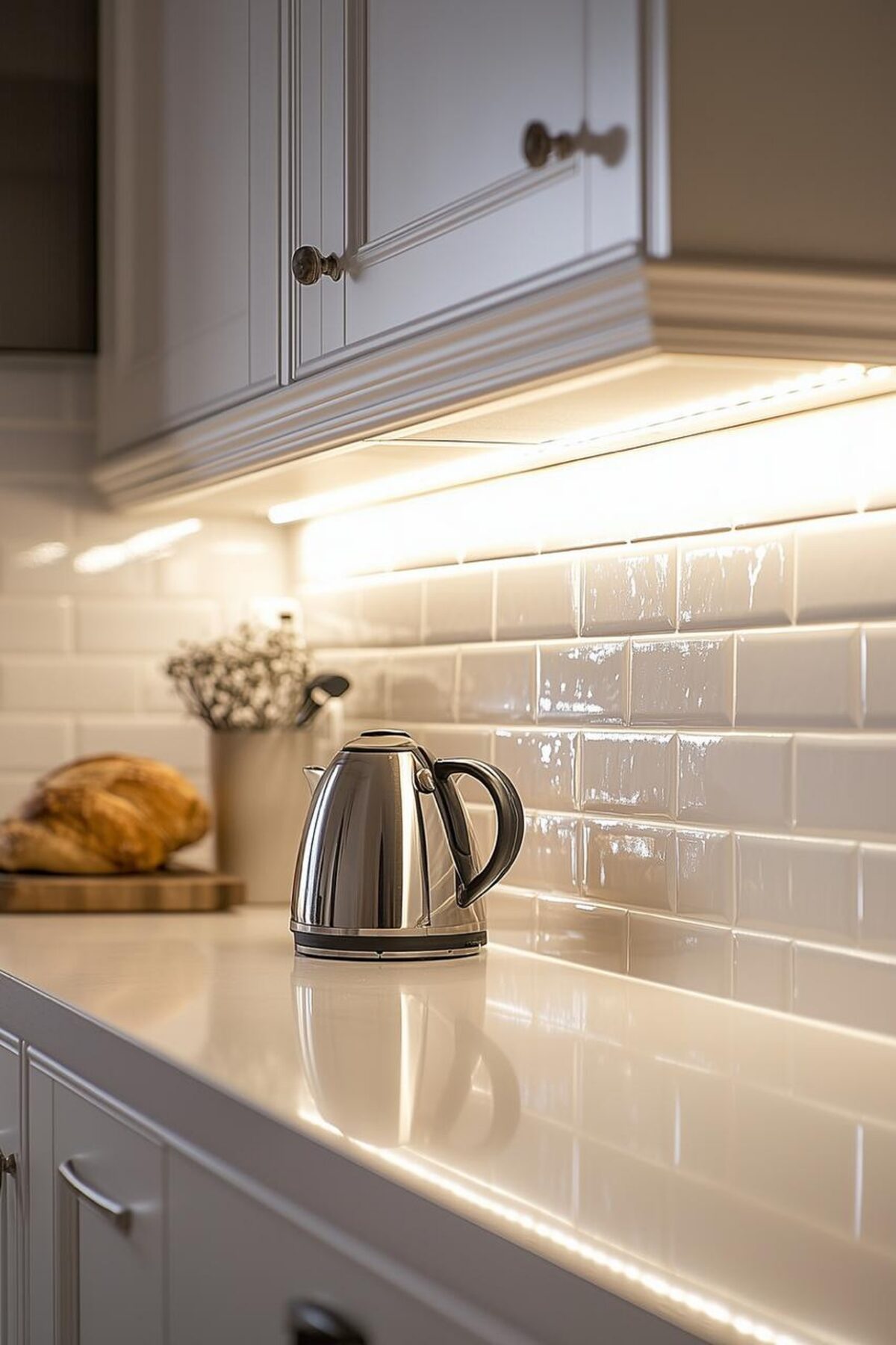 Crédence métro blanche brillante éclairée par un ruban LED chaud sous les meubles hauts, avec plan de travail clair et bouilloire inox qui reflète la lumière.