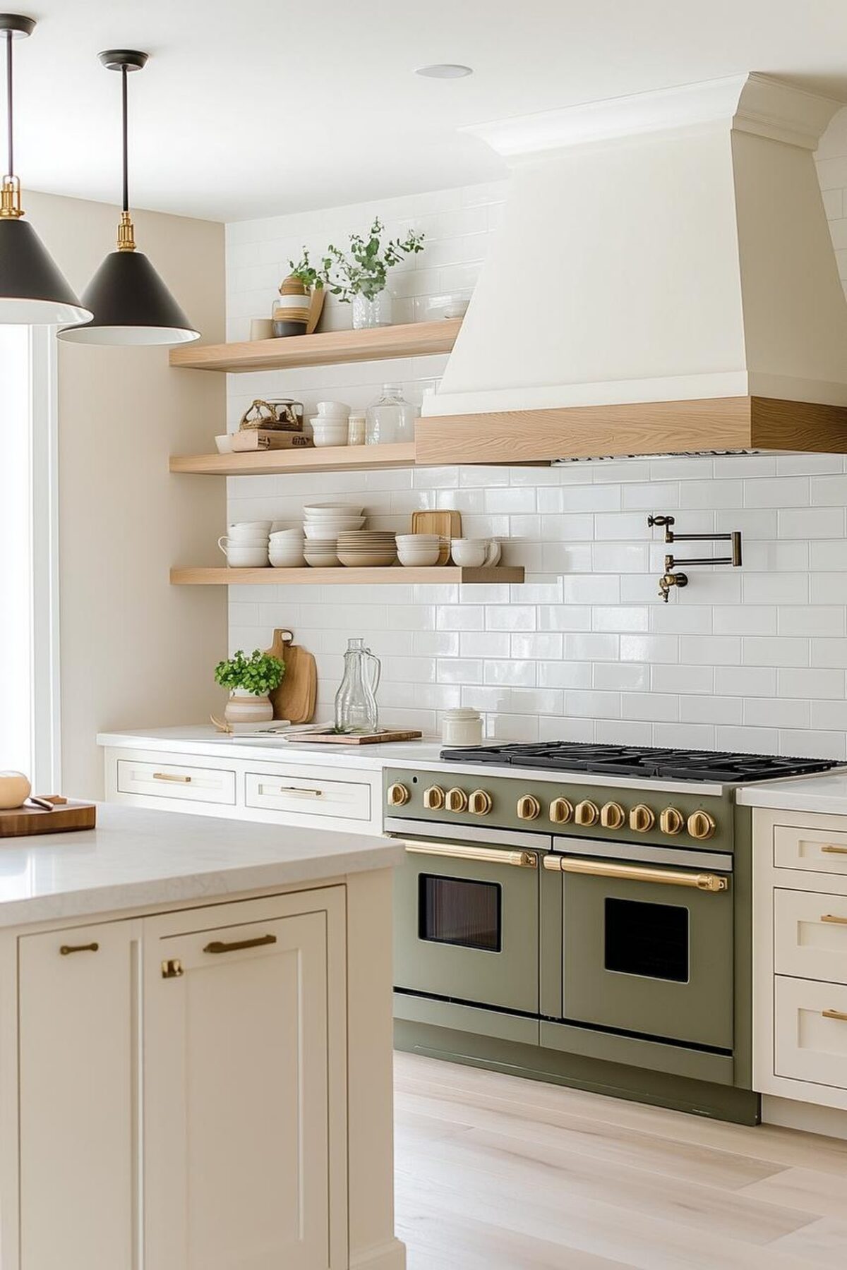 Cuisine blanche lumineuse avec crédence métro brillante, étagères en bois clair, hotte blanc crème, suspensions noires et four vert sauge aux poignées laiton.
