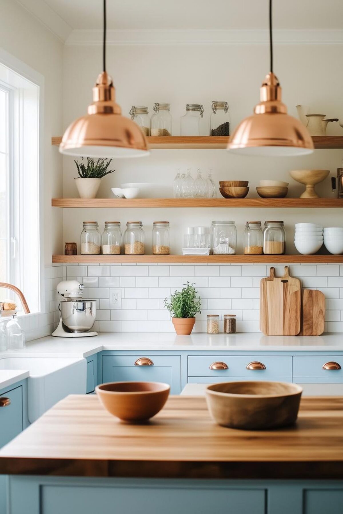 Cuisine lumineuse avec meubles bas bleu pastel, étagères ouvertes en bois, crédence métro blanche, suspensions cuivre et plan de travail clair près d’une fenêtre.
