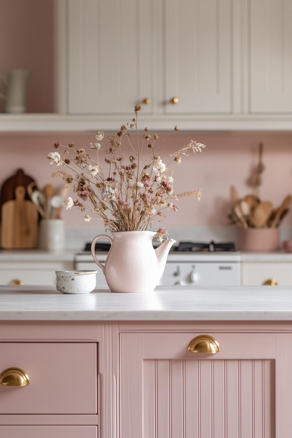 Cuisine rose poudré avec meubles bas rainurés, poignées coquille en laiton, murs rose doux, placards blanc crème et bouquet de fleurs séchées sur un plan de travail clair.
