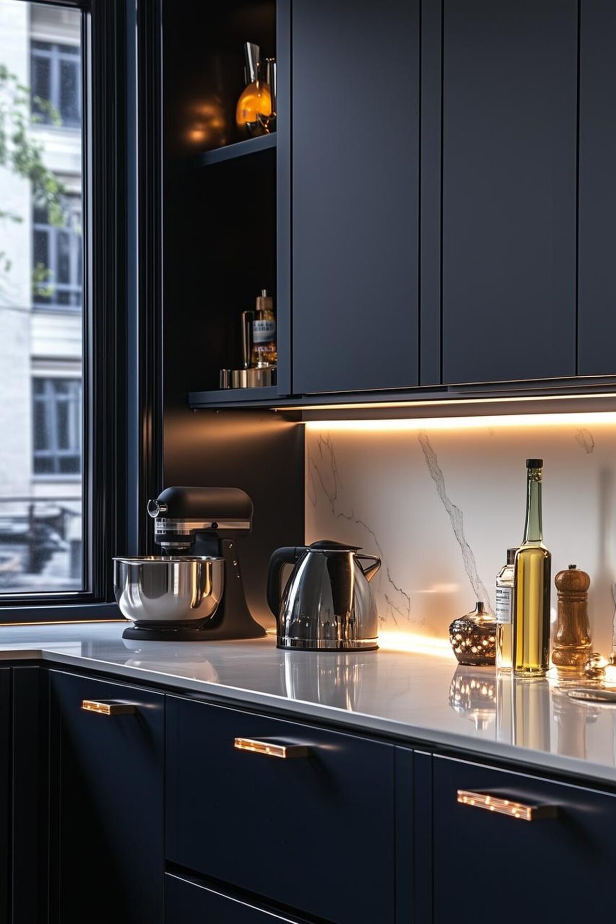Cuisine sombre bleu nuit avec meubles mats, plan de travail blanc brillant, crédence effet marbre et éclairage LED chaud sous les meubles hauts pour gagner en luminosité.