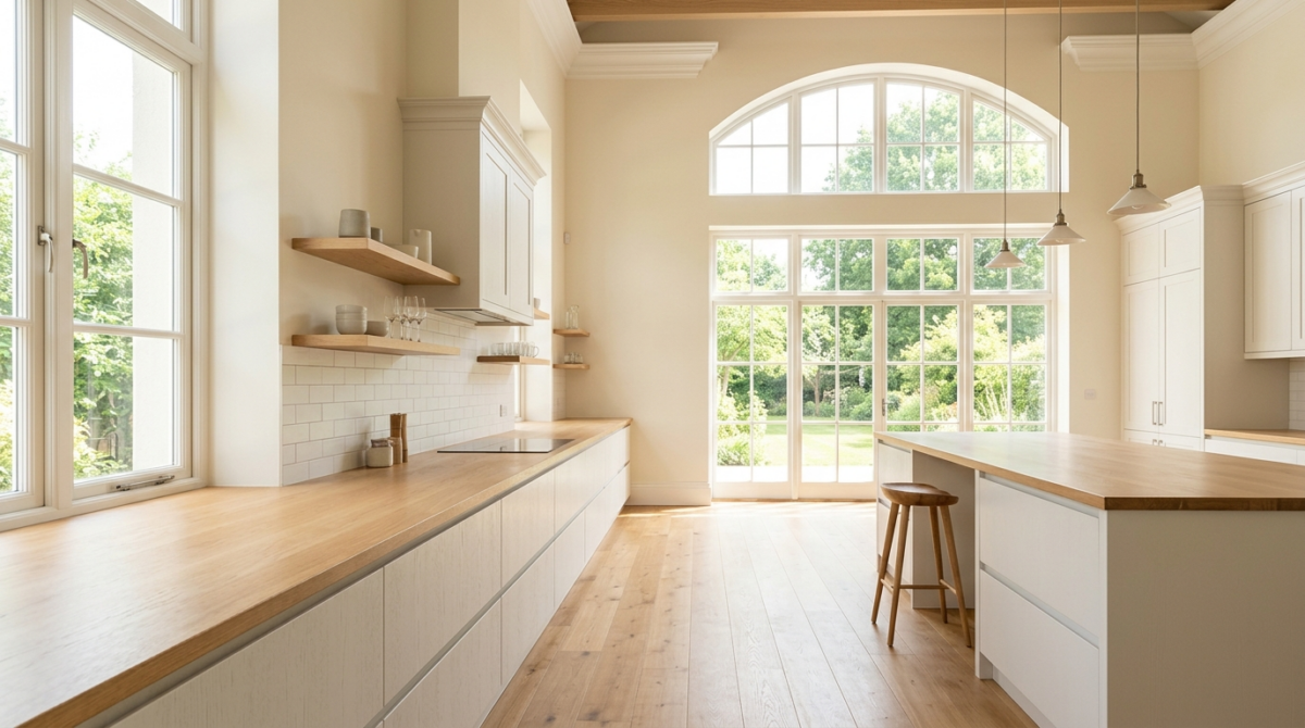 Cuisine sombre transformée par une stratégie peinture lumineuse avec couleurs claires, surfaces réfléchissantes et ambiance plus douce.