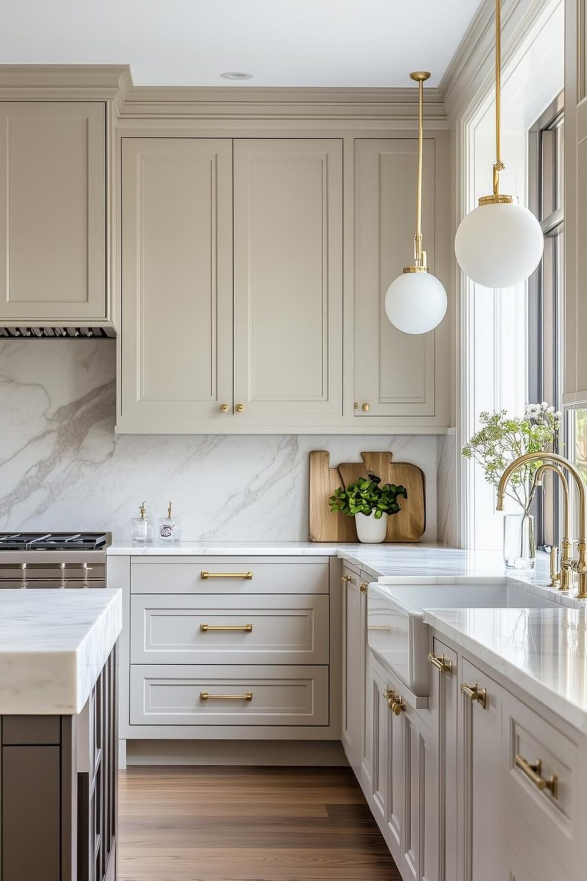 Cuisine lumineuse avec meubles beige clair, plan de travail en marbre blanc, robinetterie laiton, suspensions rondes et grande fenêtre qui apporte une lumière naturelle douce.