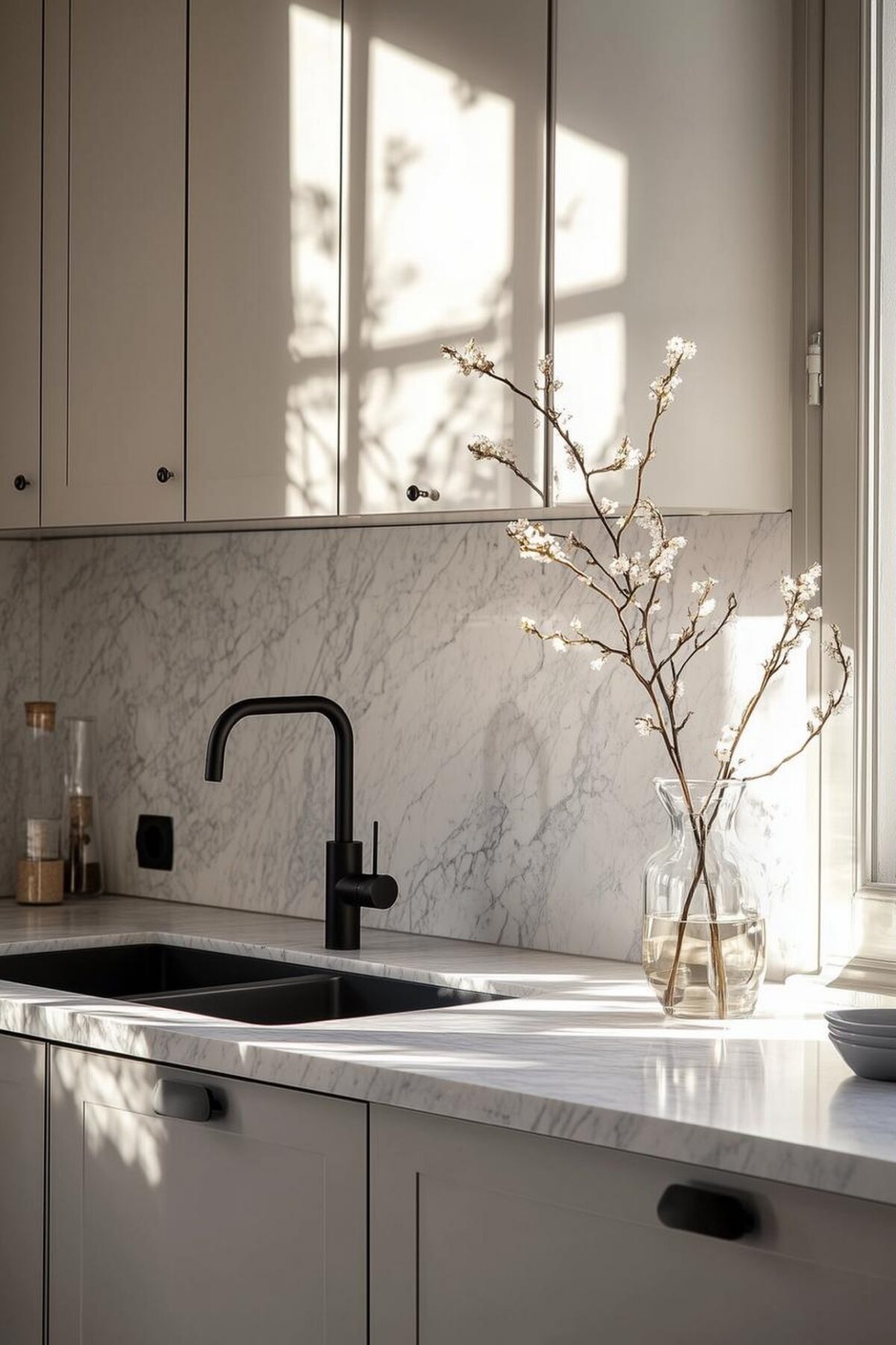 Cuisine taupe clair avec crédence et plan de travail en marbre blanc, évier noir, robinet noir mat et branches fleuries dans un vase en verre près d’une fenêtre.