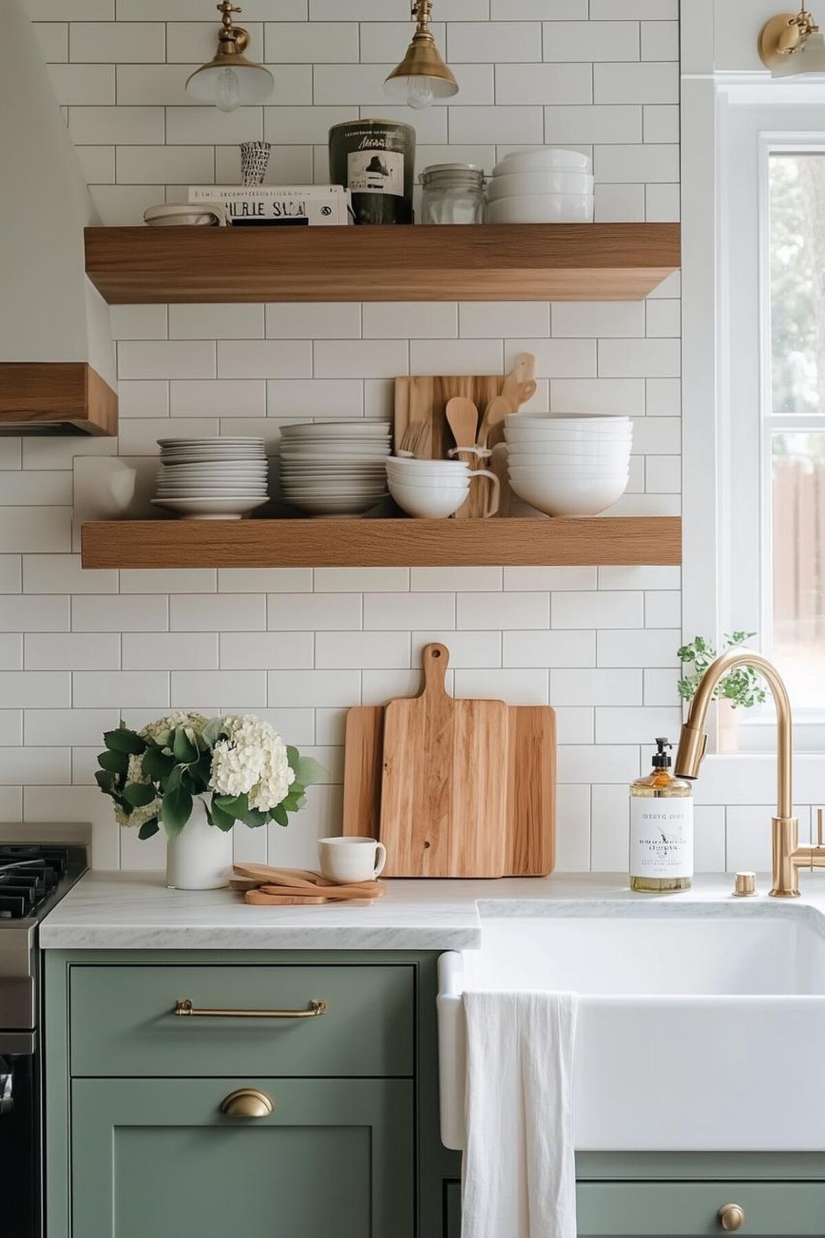 Cuisine vert sauge avec meubles bas, évier timbre blanc, robinet doré, carrelage métro blanc brillant, étagères en bois clair et vaisselle blanche.