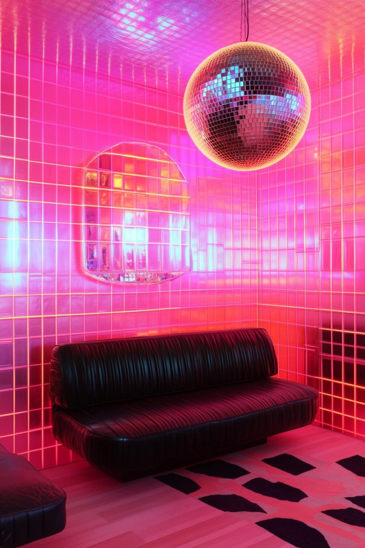 Salon très rose avec néons, boule disco, banquette noire et carrelage brillant, exemple d’ambiance années 80 très kitsch.
