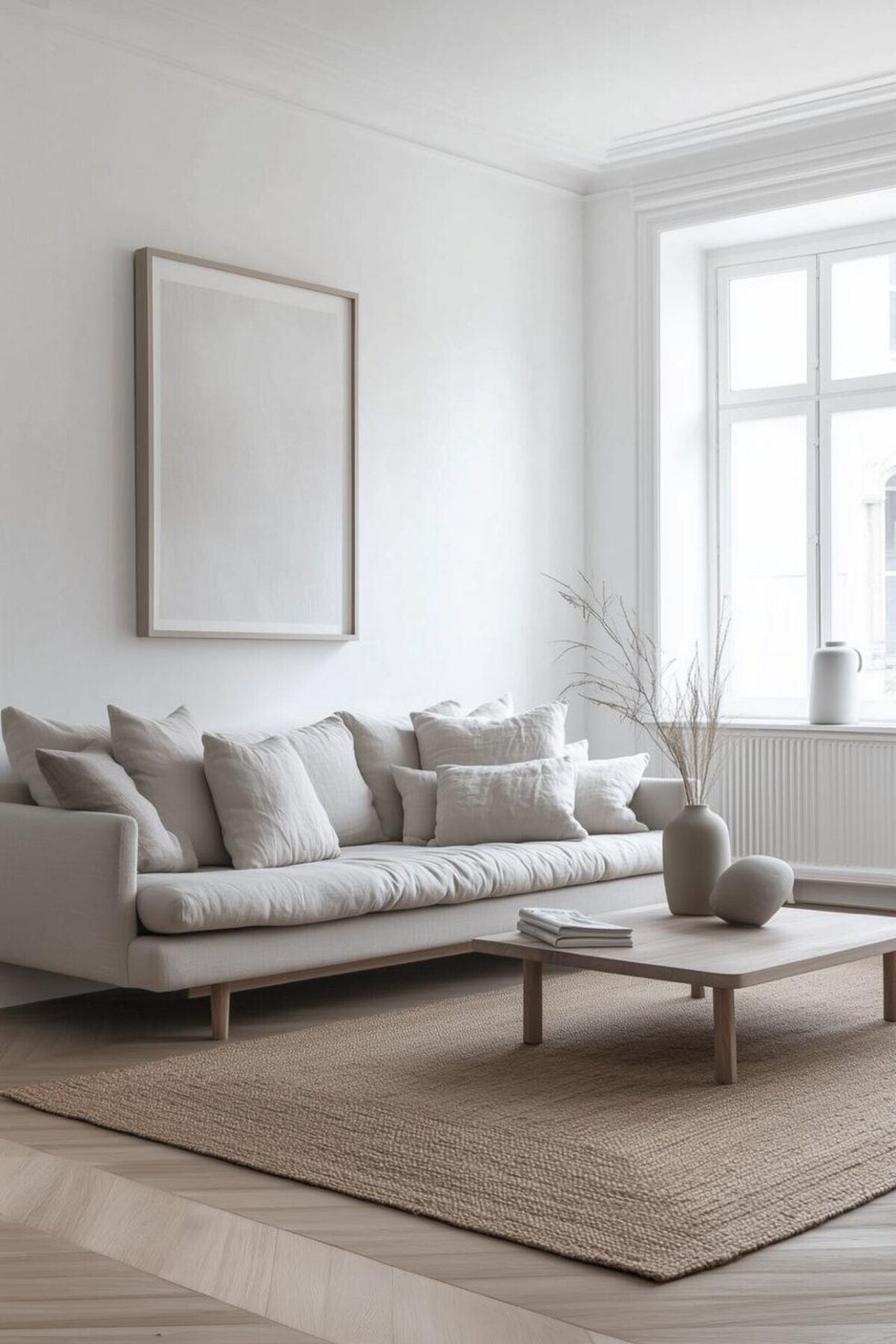Salon blanc et beige très lumineux avec canapé clair, table basse en bois et tapis naturel, base neutre idéale pour intégrer la déco années 80.