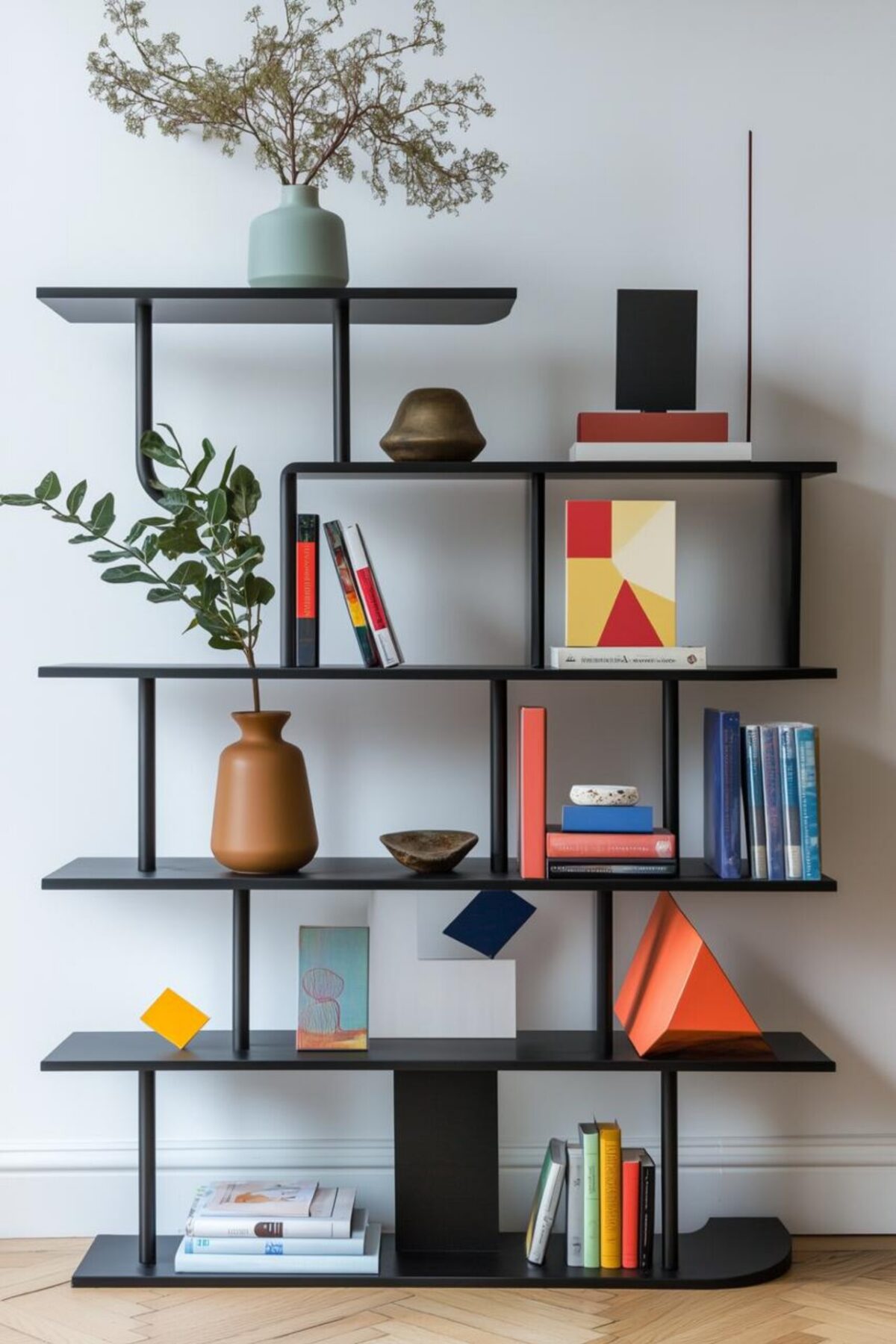 Bibliothèque noire asymétrique avec livres, vases, formes géométriques colorées et objets décoratifs inspirés du style Memphis.