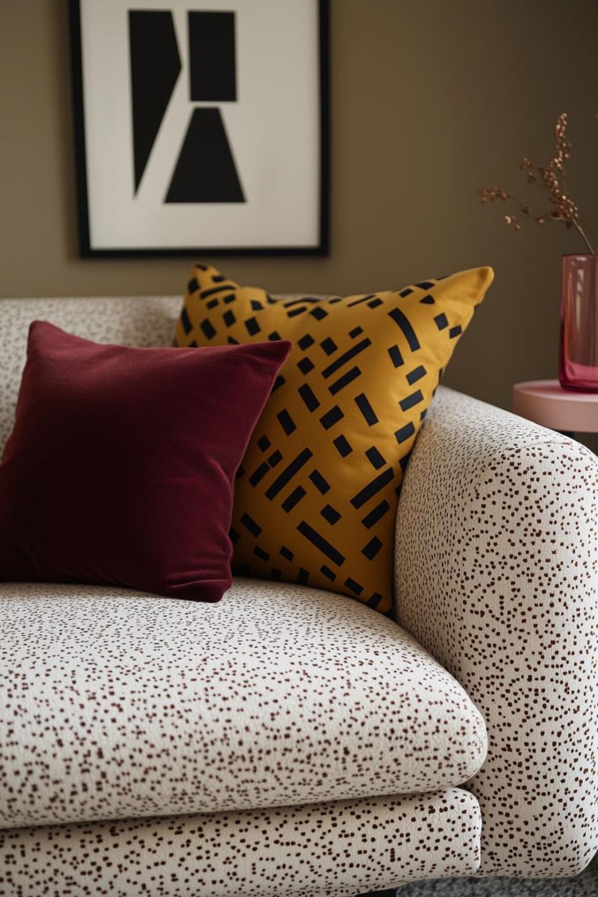 Canapé clair avec coussin bordeaux et coussin moutarde à motifs géométriques noirs, devant une affiche abstraite.