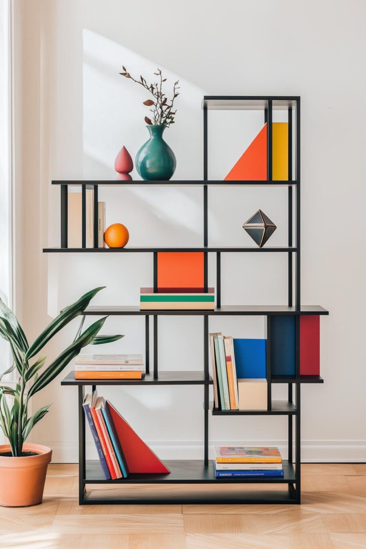 Étagère noire asymétrique avec formes géométriques colorées, vases et livres, inspirée du style Memphis des années 80.